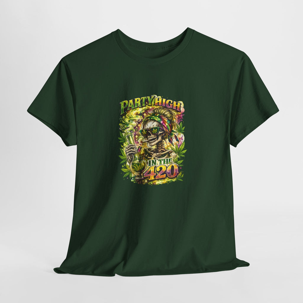 T-Shirt — 'Party High the 420' Cannabis Skull Graphic Tee