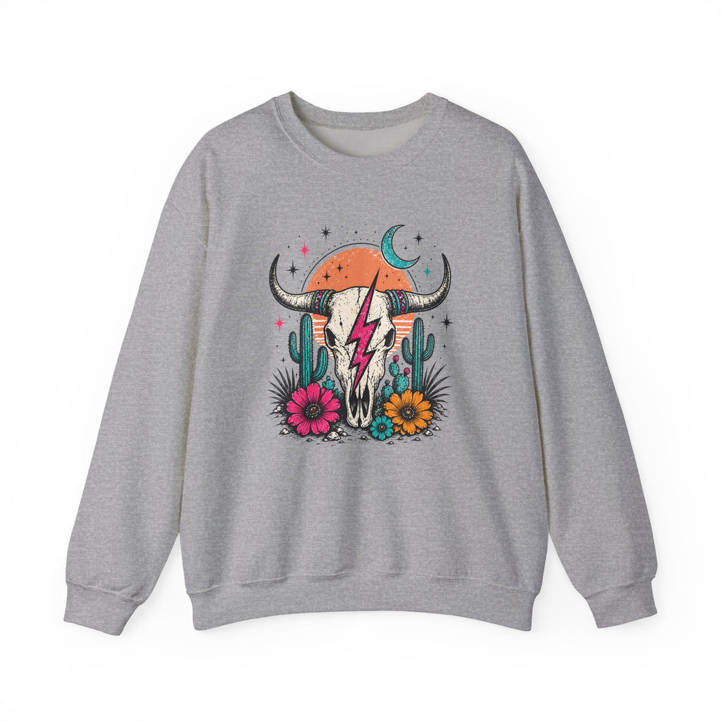 Southwest Skull Crewneck Sweatshirt — Desert Cactus Lightning Graphic