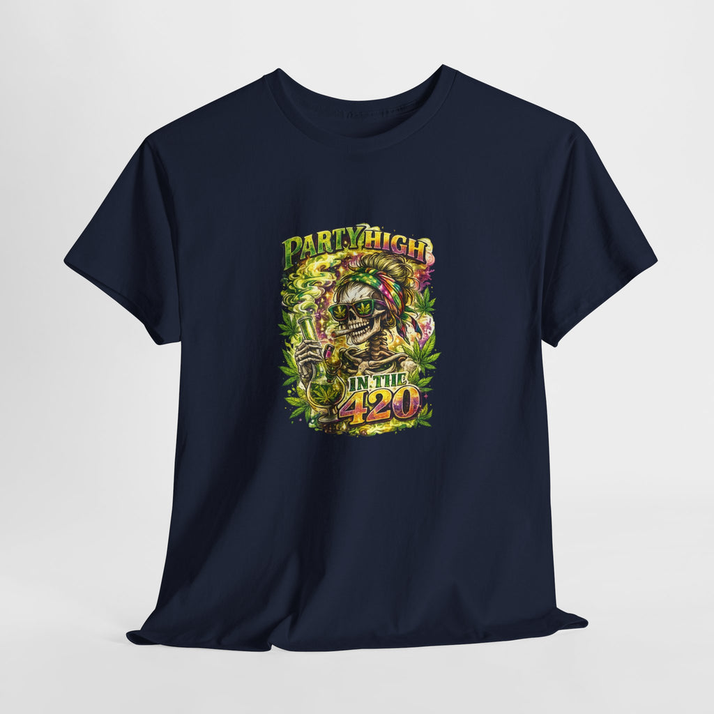 T-Shirt — 'Party High the 420' Cannabis Skull Graphic Tee