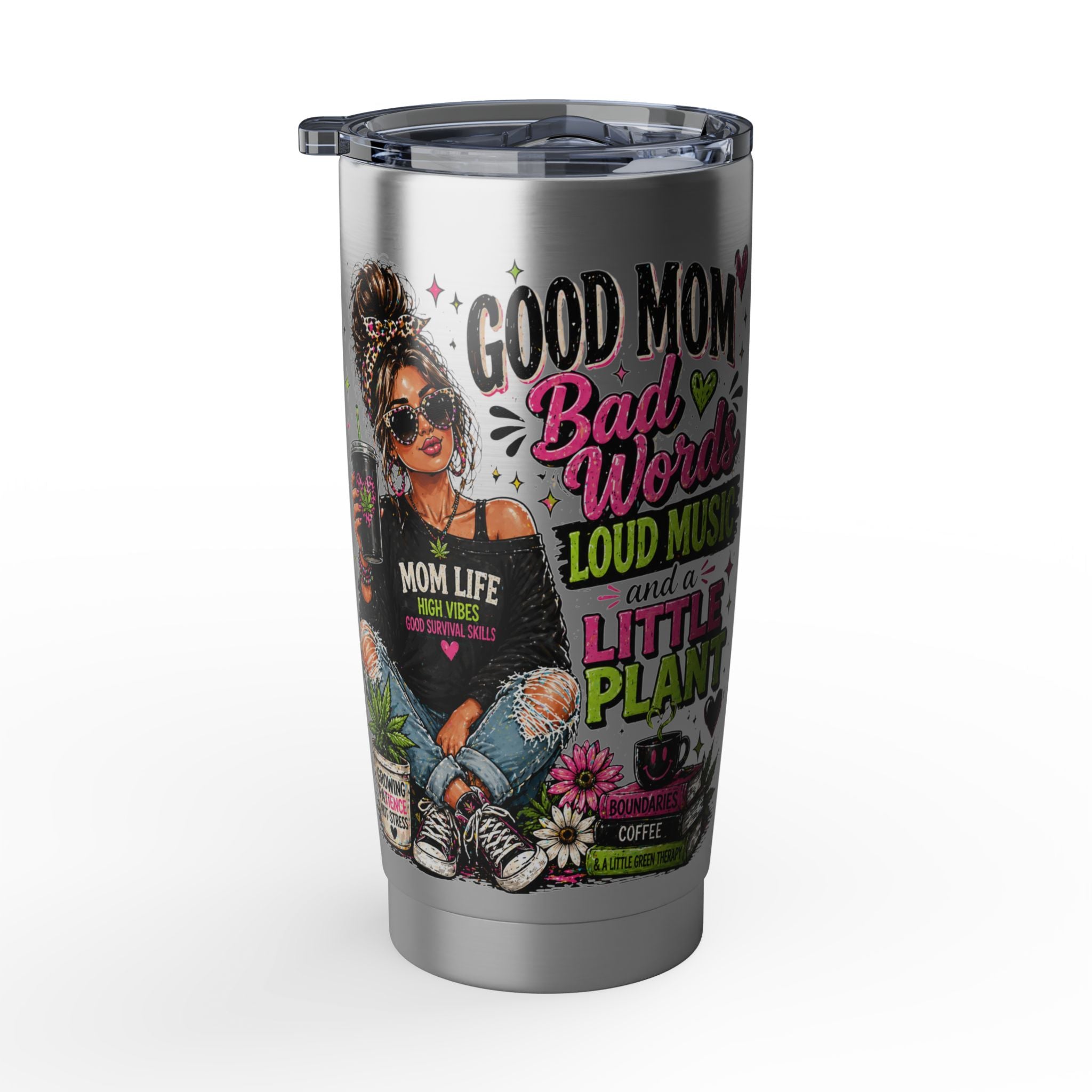 Mom Life 20oz Tumbler – 'Mom with Coffee, Plants & Music' Insulated Travel Cup