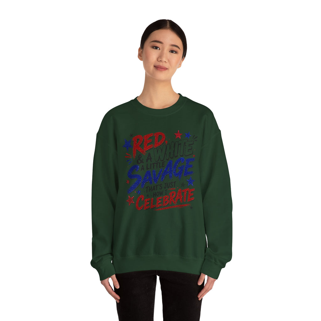Crewneck Sweatshirt — "Red & White & A Little Savage" Patriotic 4th of July Pullover