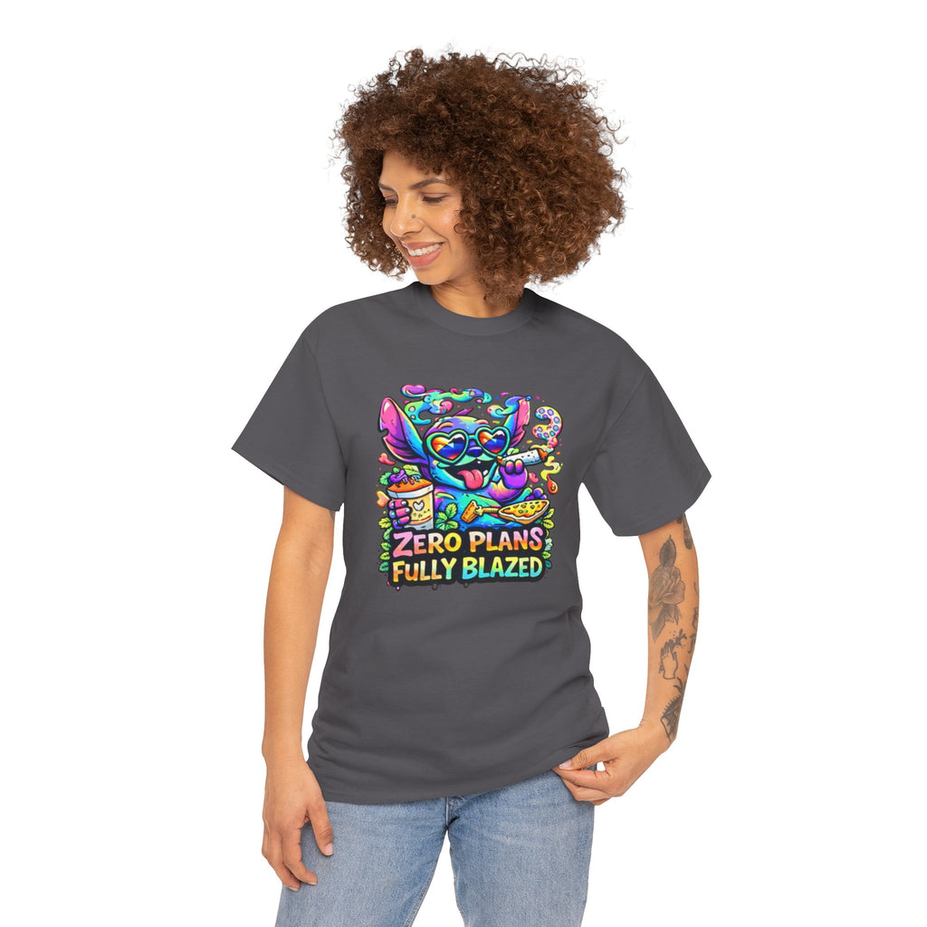 Zero Plans Fully Blazed Tee — Colorful Stoner Cat Graphic T-Shirt