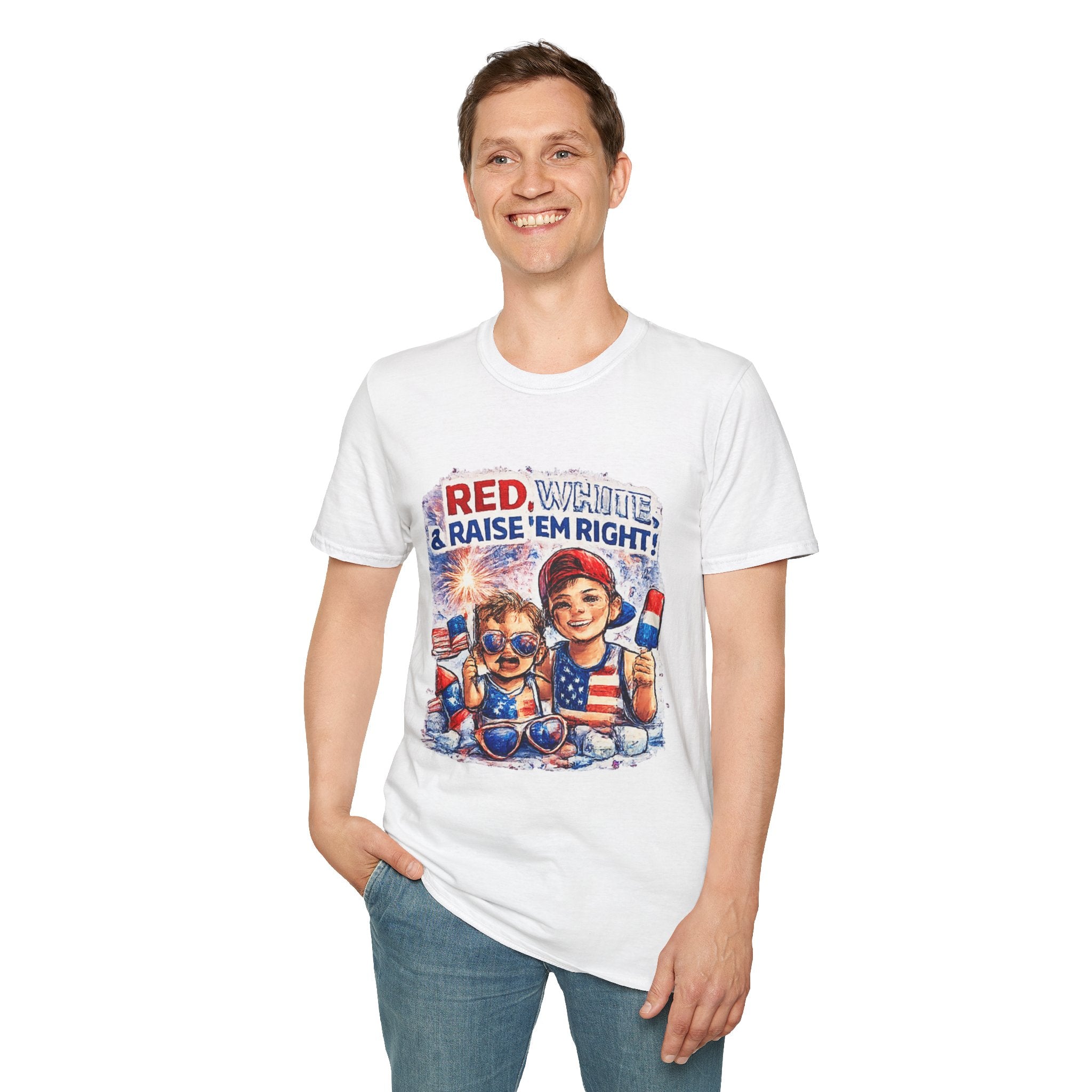 Patriotic Kids Tee — "Red, White & Raise 'Em Right" 4th of July Shirt