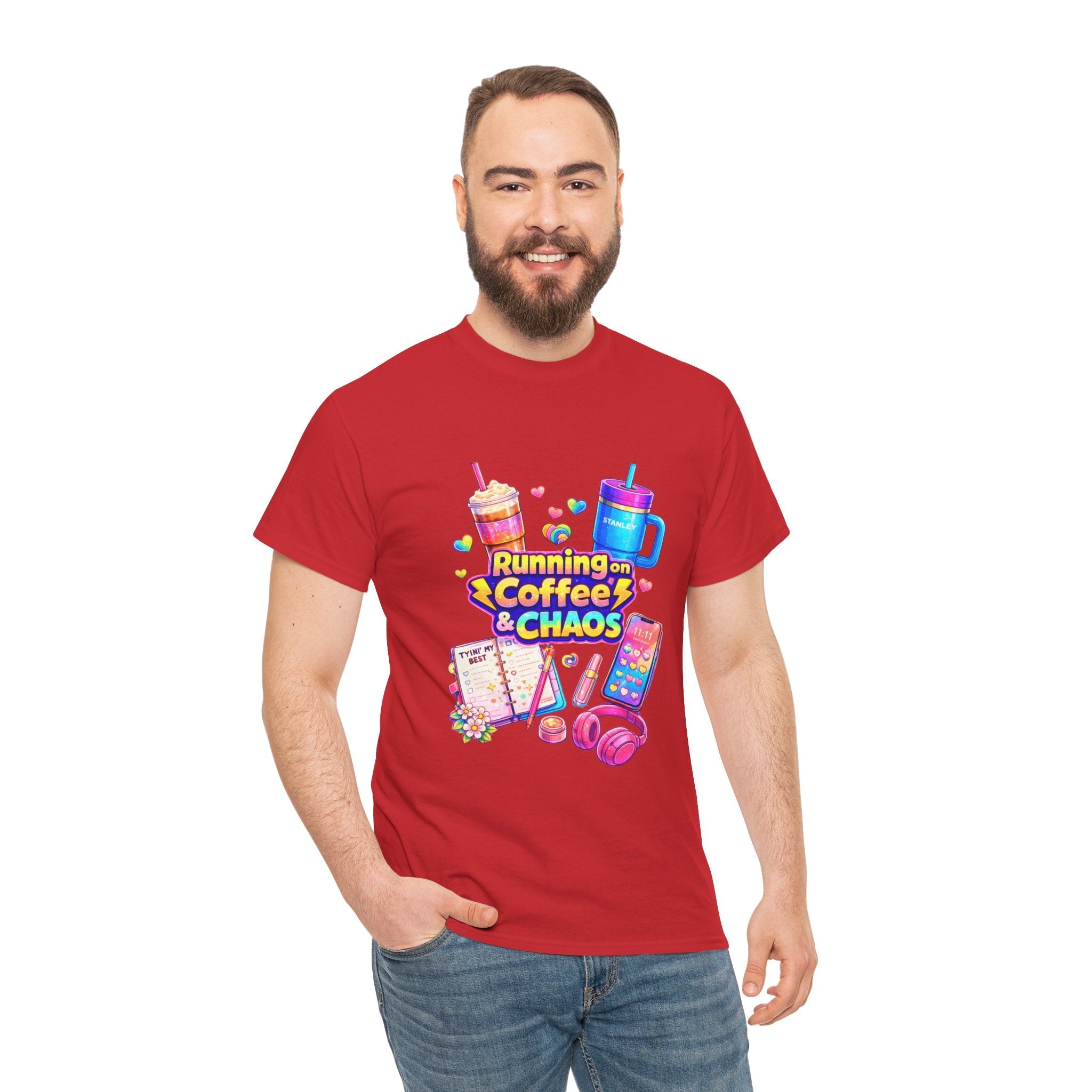 Graphic Tee — "Running on Coffee & Chaos" Colorful Planner Lover Shirt