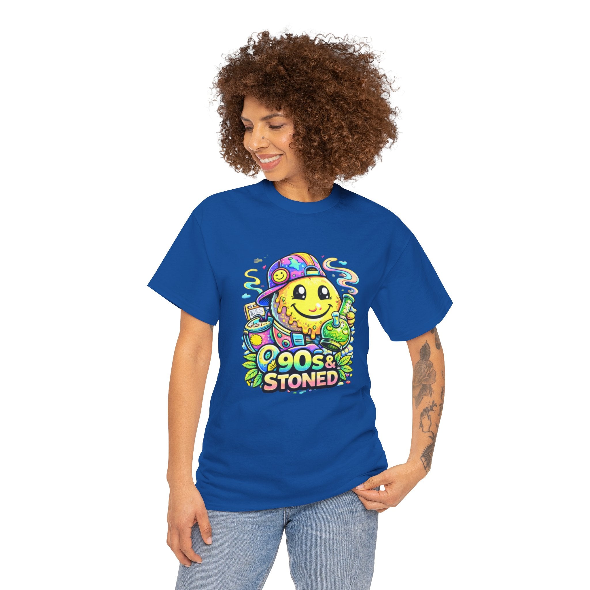 90s & Stoned Smiley Tee — Retro Vaporwave Cannabis Graphic T-Shirt