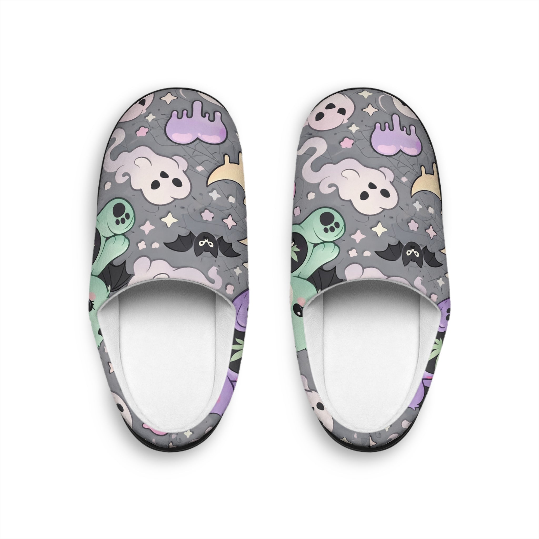 Ghostly Night Women's Indoor Slippers — Cute Pastel Halloween Ghosts & Moon Pattern