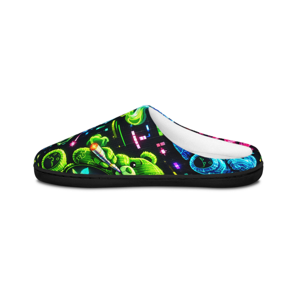 Women's Neon Cannabis Slippers — Cozy Indoor Slide with Psychedelic Bear Design