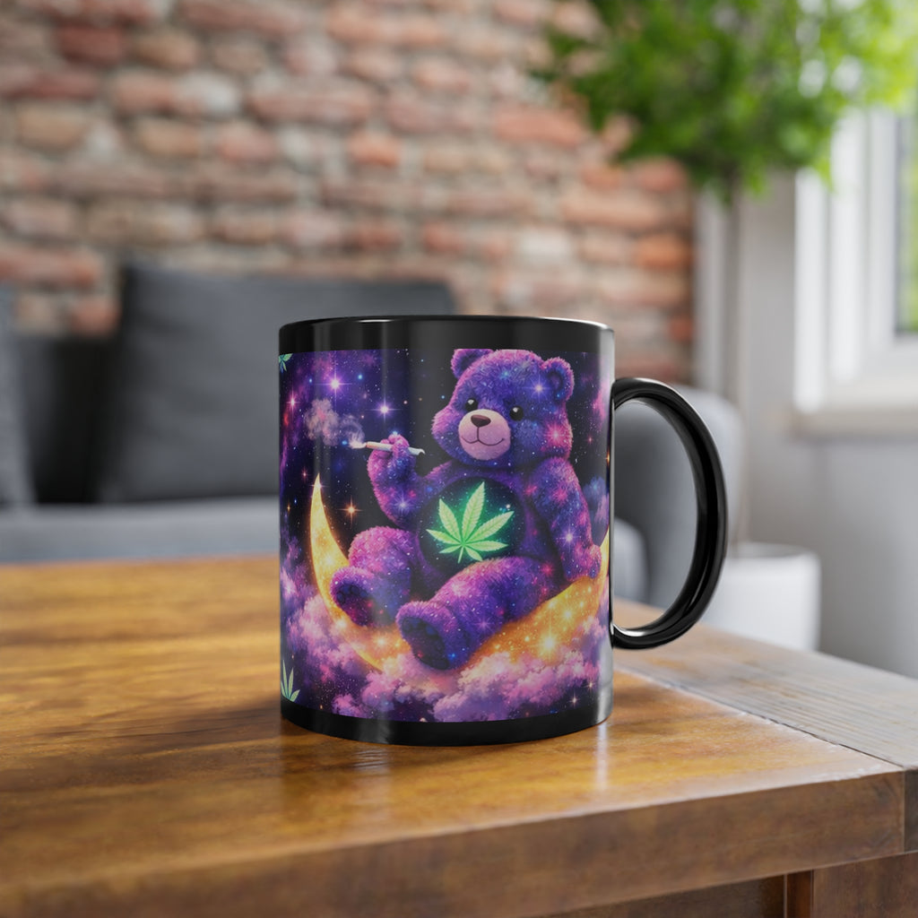 Celestial Dream Cat Black Coffee Mug — 11oz Galaxy Moon Design