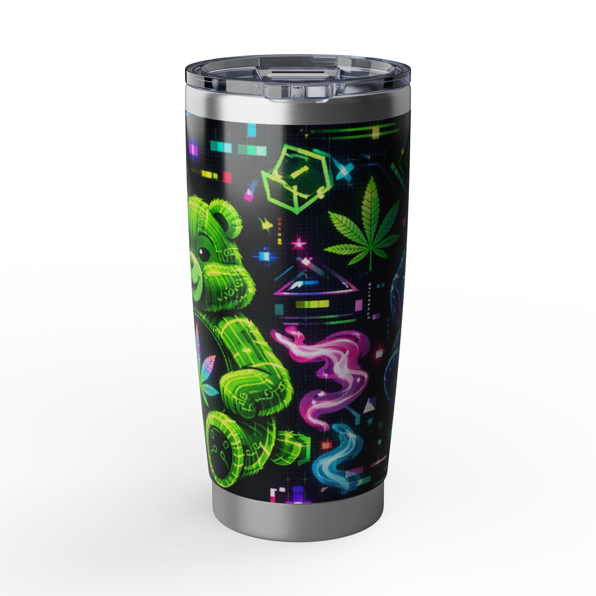 Neon Psychedelic Bear 20oz Tumbler — Vaporwave Travel Cup with Retro Cannabis Art