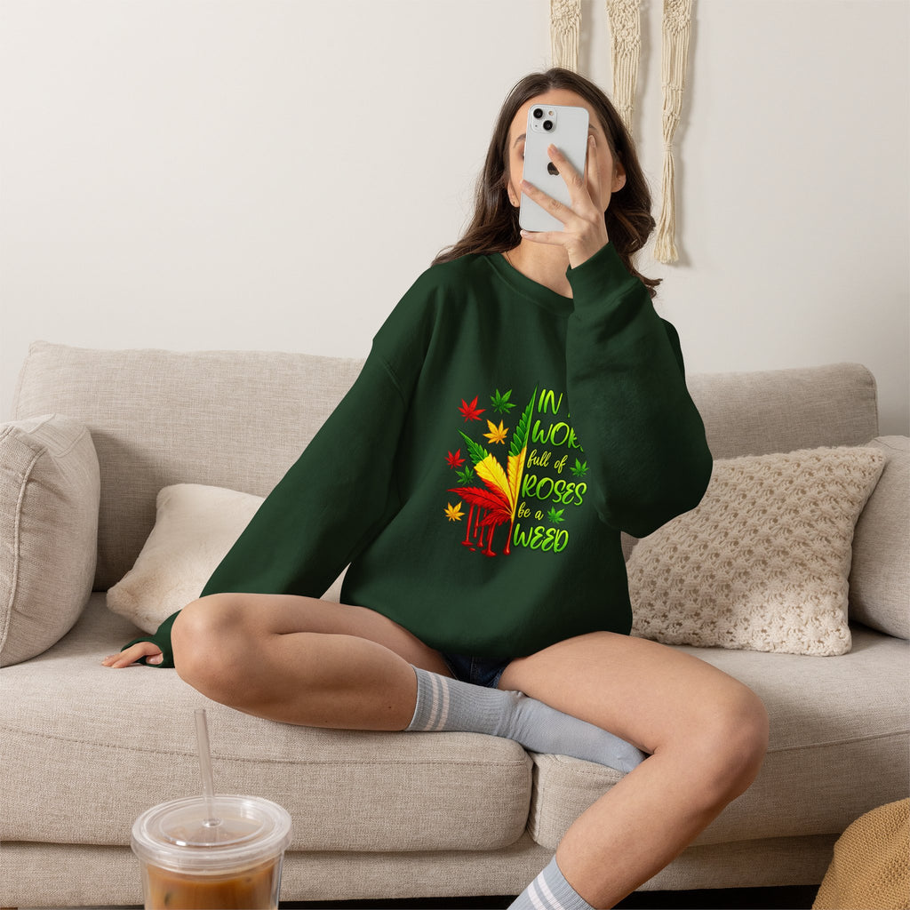 Crewneck Sweatshirt — "In a World Full of Roses Be a Weed" Rasta Cannabis Graphic