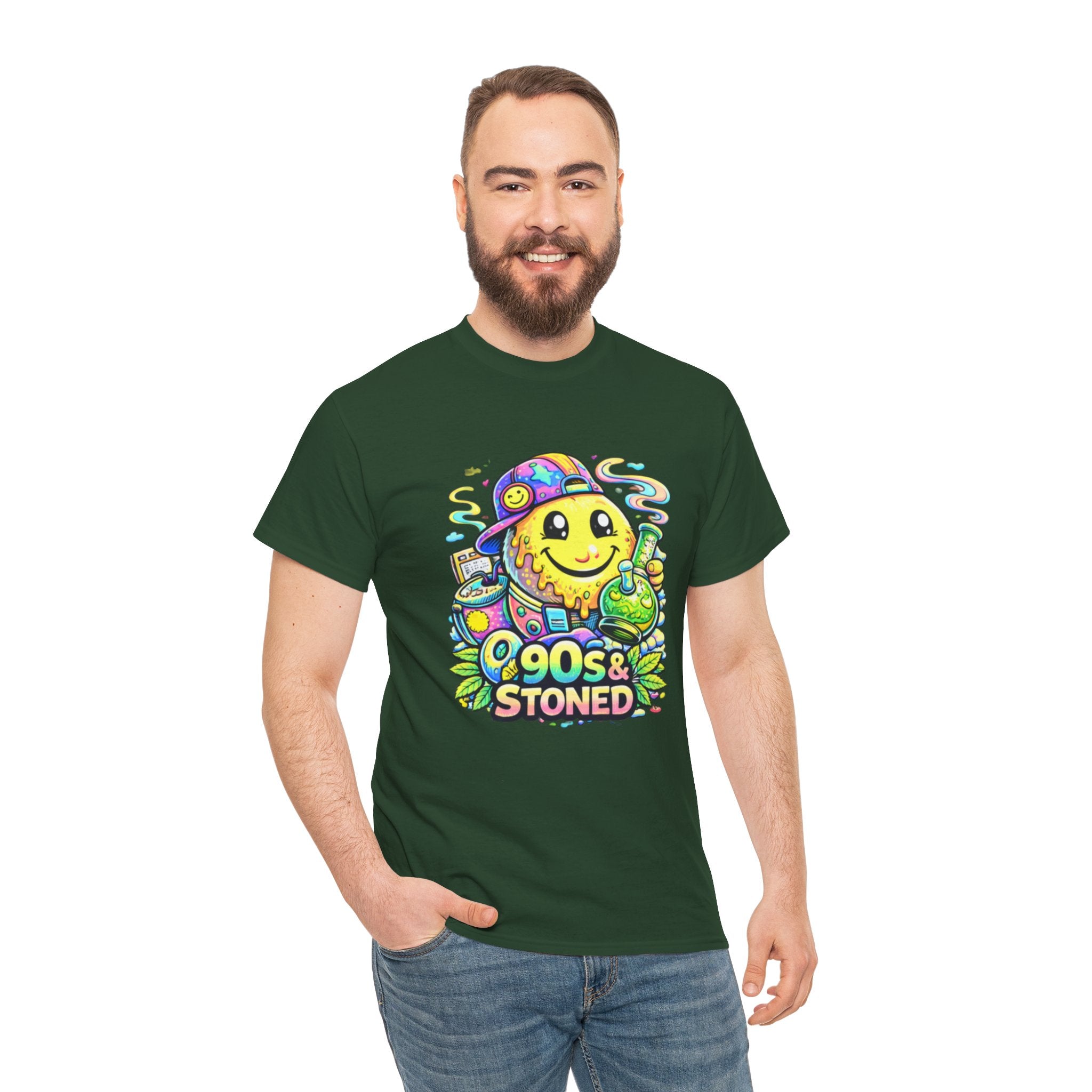 90s & Stoned Smiley Tee — Retro Vaporwave Cannabis Graphic T-Shirt