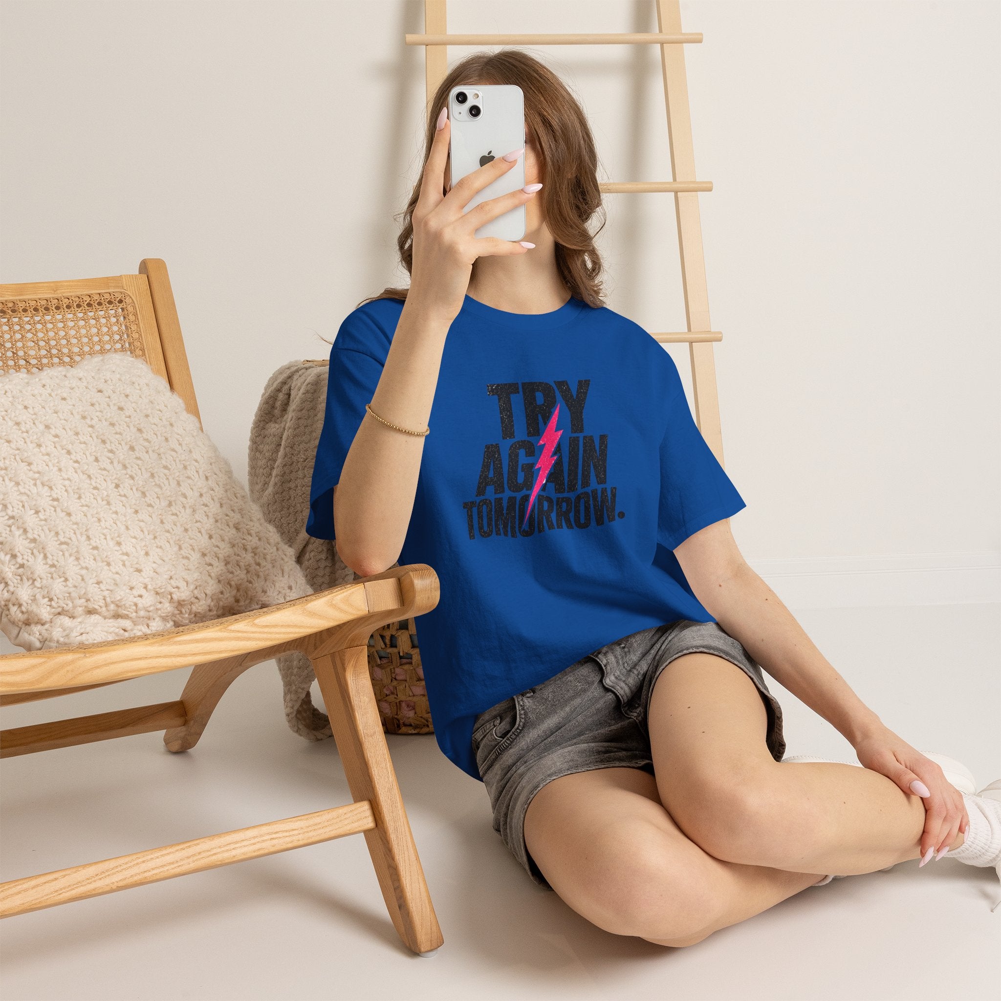Try Again Tomorrow T-Shirt — Motivational Graphic Tee with Lightning Bolt