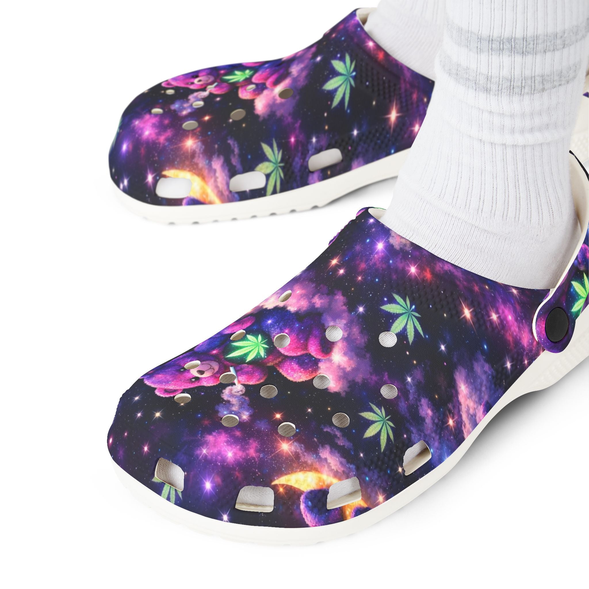 Celestial Teddy Moon EVA Clogs — Purple Galaxy Forest Print Foam Shoes