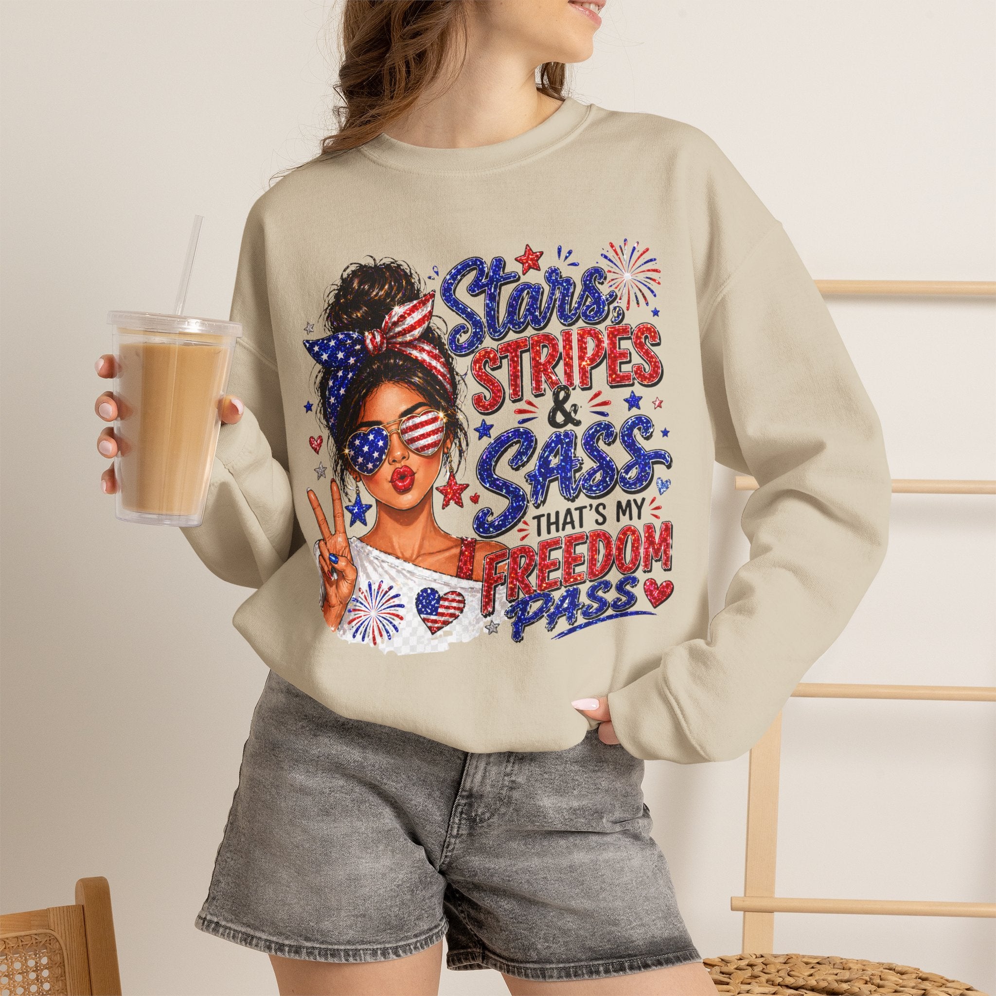 Patriotic 'Stars, Stripes & Sass' Crewneck Sweatshirt – 4th of July Freedom Pass Graphic