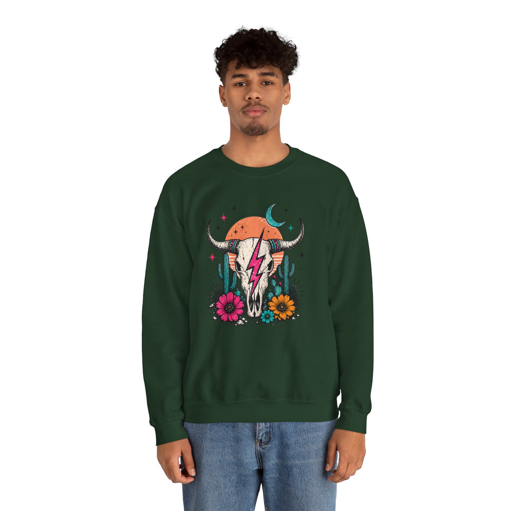 Southwest Skull Crewneck Sweatshirt — Desert Cactus Lightning Graphic