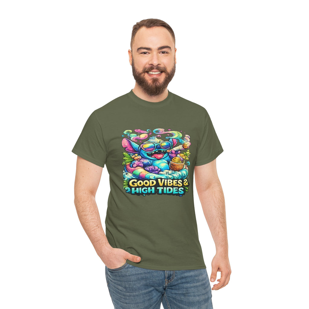 T-Shirt — "Good Vibes & High Tides" Colorful Surf Shark Graphic Tee