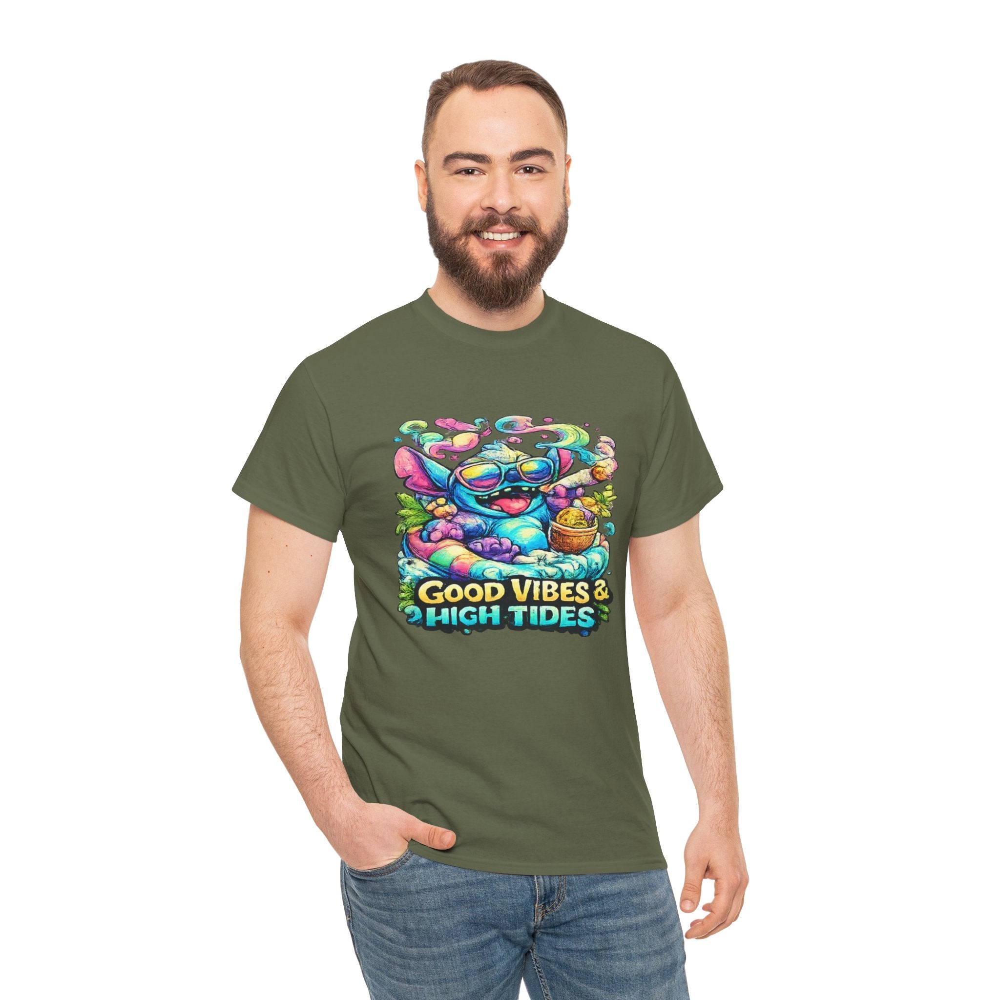 T-Shirt — "Good Vibes & High Tides" Colorful Surf Shark Graphic Tee