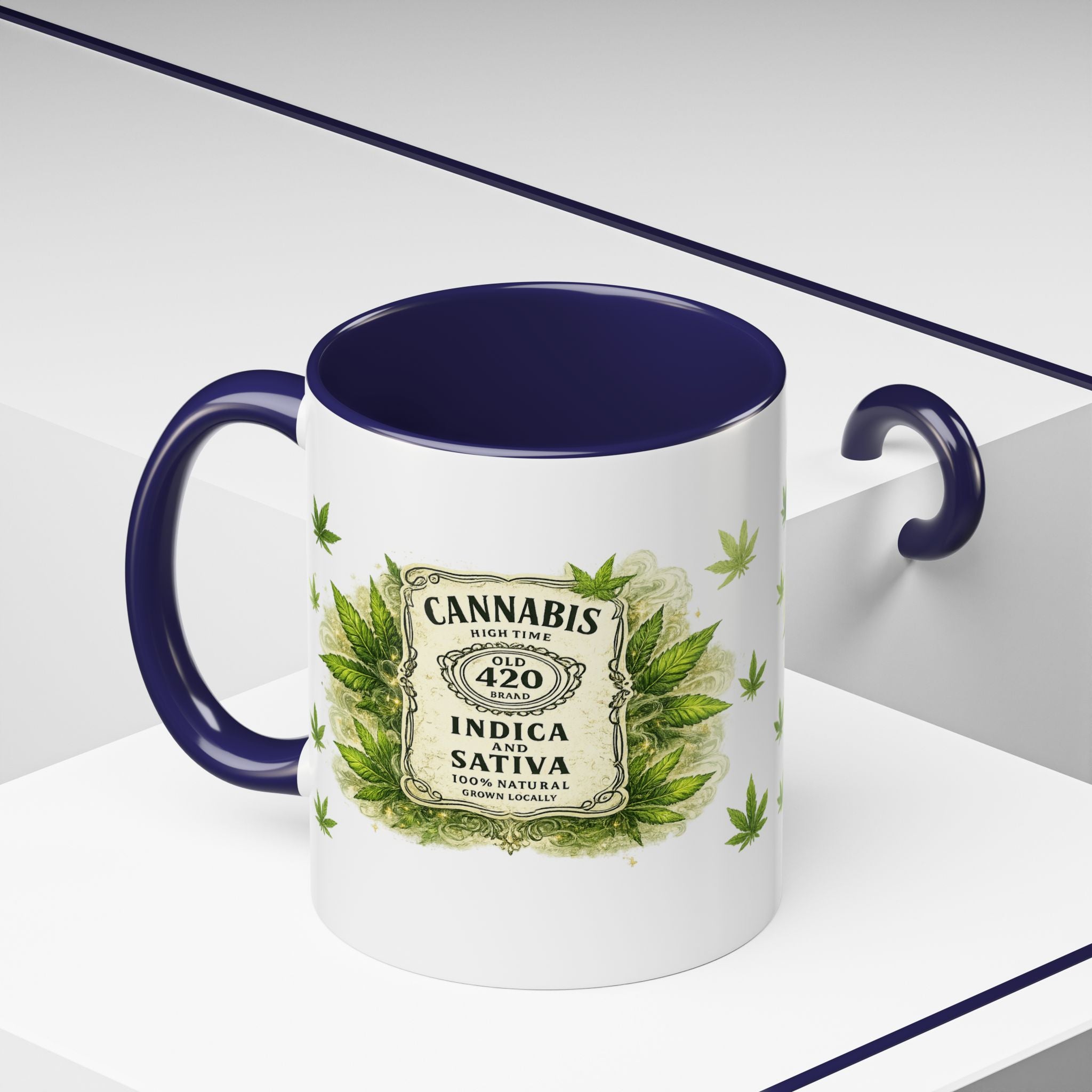 Cannabis 420 Accent Coffee Mug — Indica & Sativa Leaf Pattern (11/15oz)