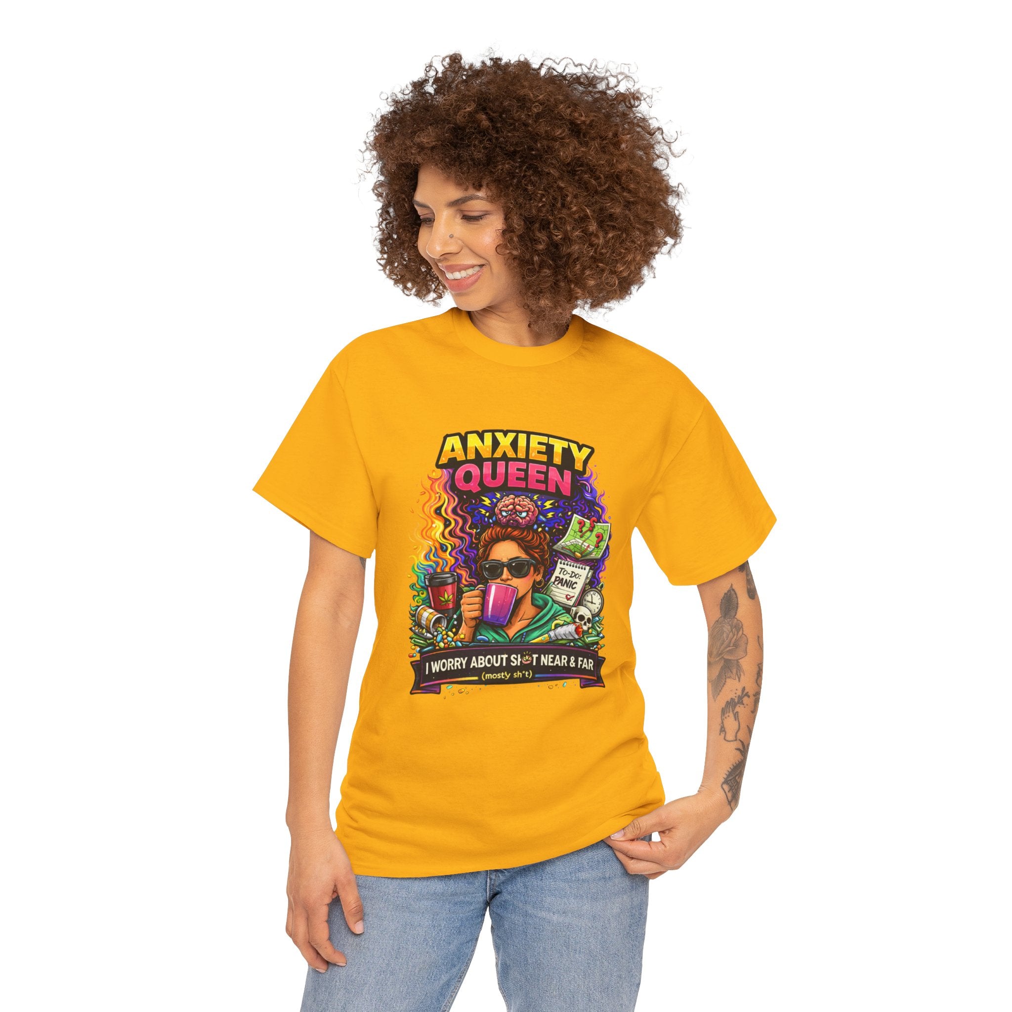 Anxiety Queen T-Shirt – Funny Mental Health Graphic Tee (“I Worry About Sh*t Near & Far”)