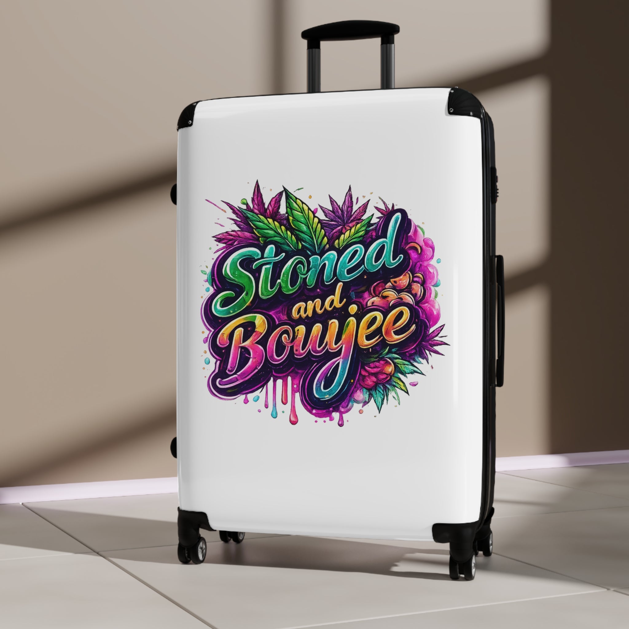 Stoned and Boujee Carry-On Suitcase – Colorful Cannabis Travel Luggage