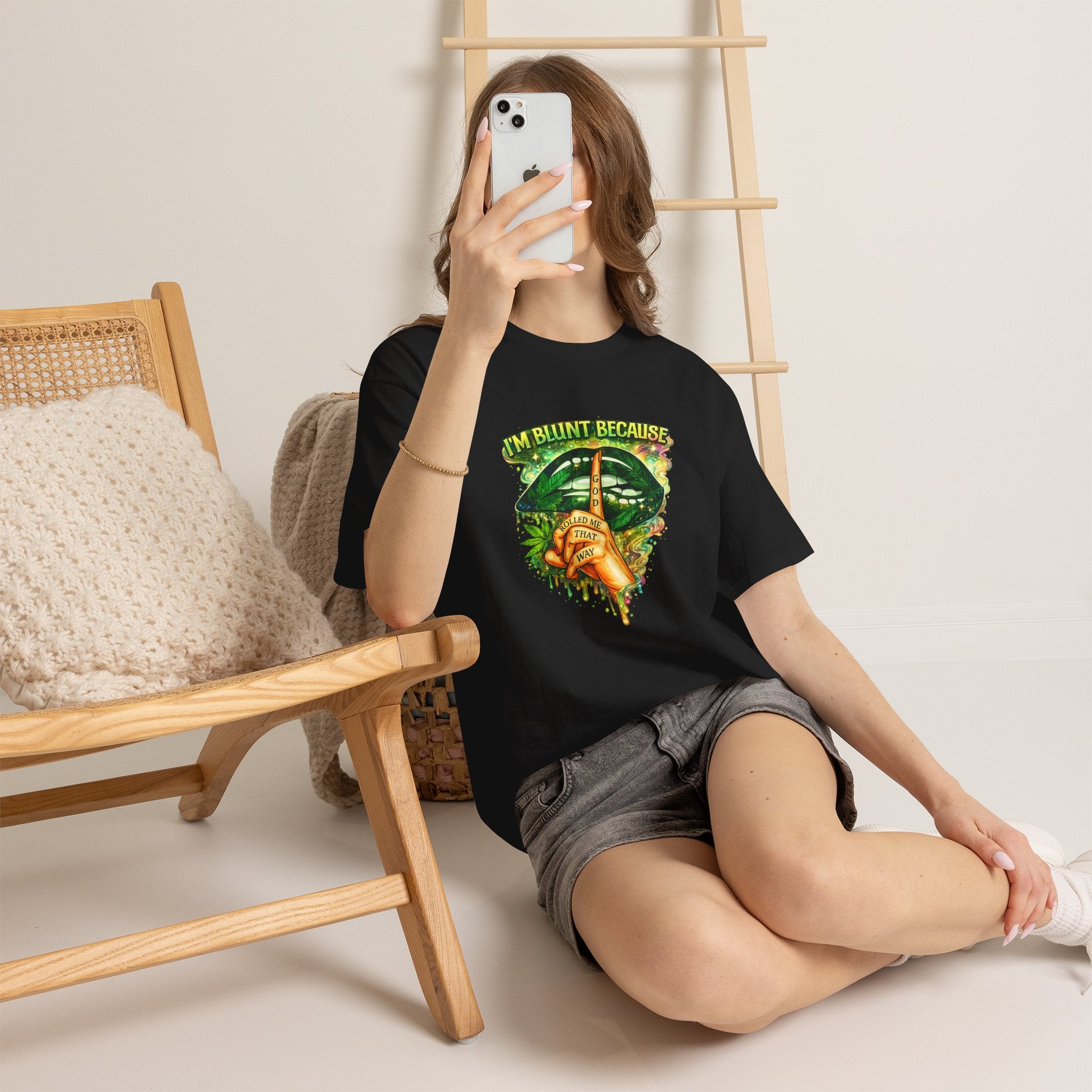 “I’m Blunt Because” Graphic Tee with Cannabis Leaf & Finger-On-Lips Design