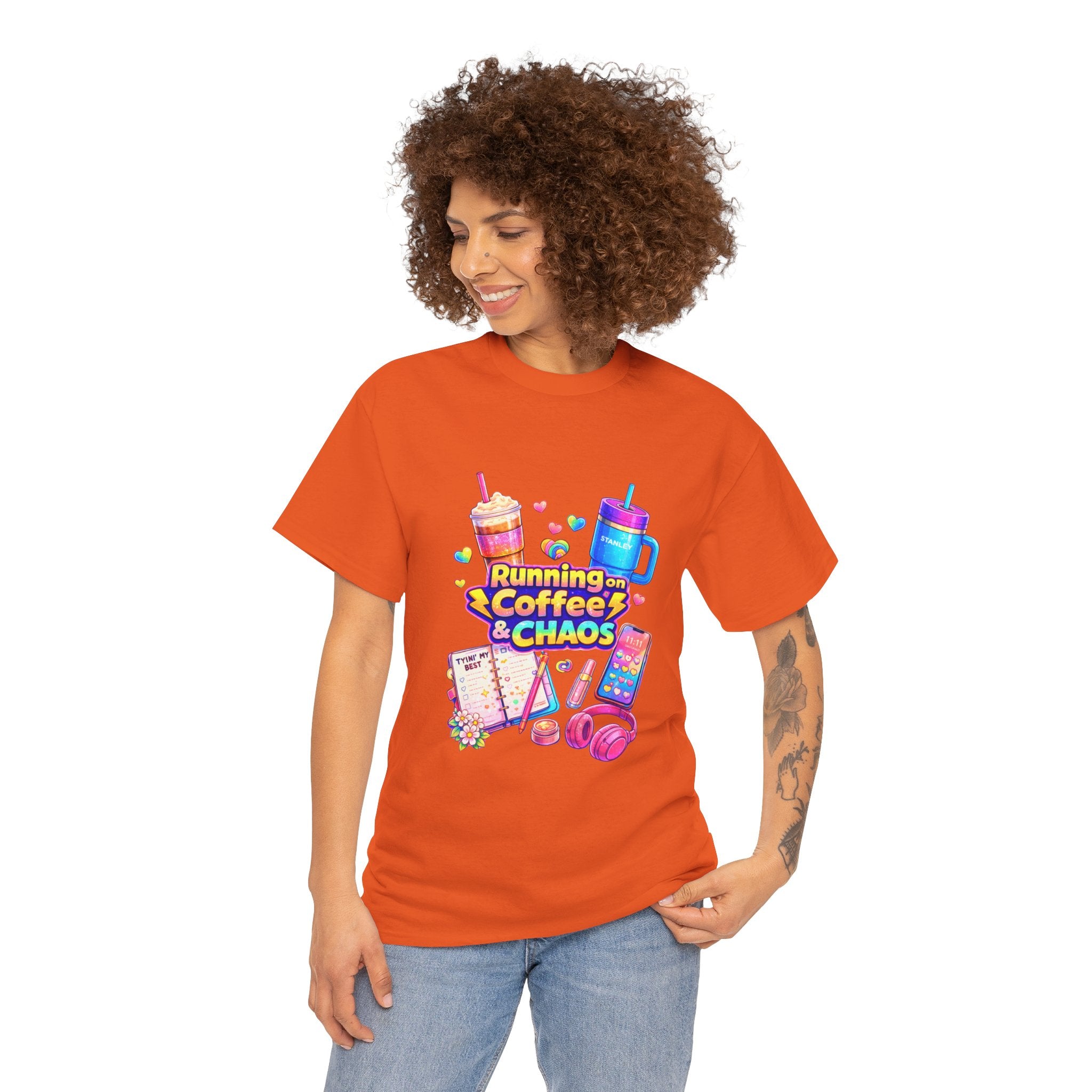 Graphic Tee — "Running on Coffee & Chaos" Colorful Planner Lover Shirt