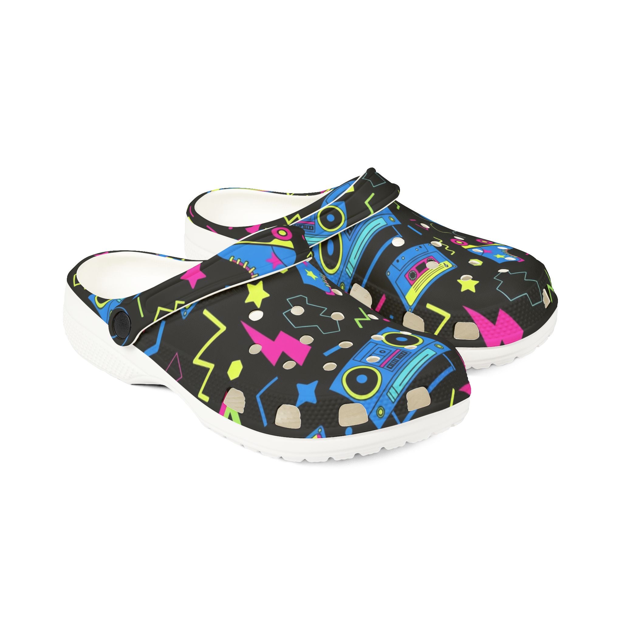 Retro Neon Roller Skate EVA Clogs — 80s Boombox & Stars Slip-On Shoes