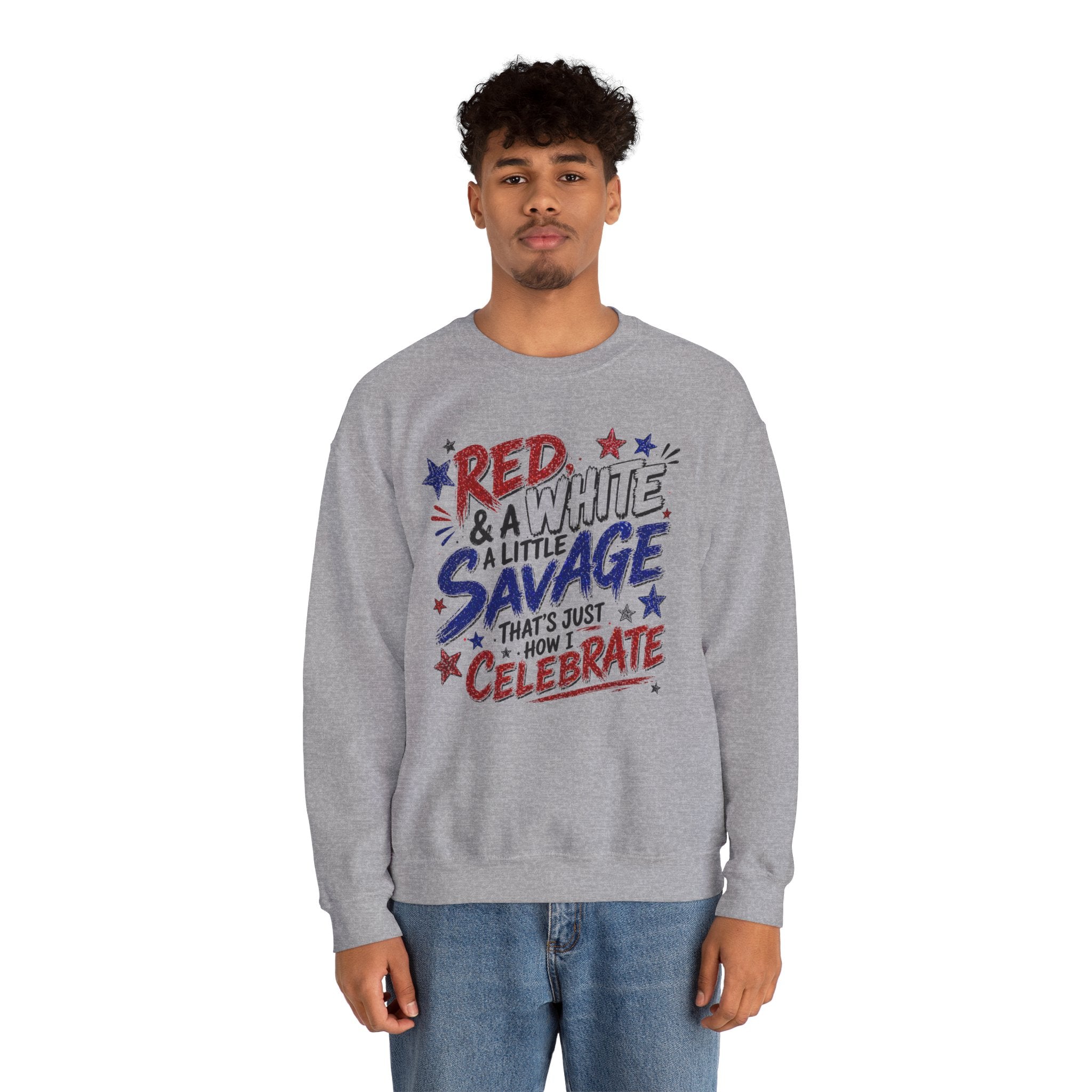 Crewneck Sweatshirt — "Red & White & A Little Savage" Patriotic 4th of July Pullover