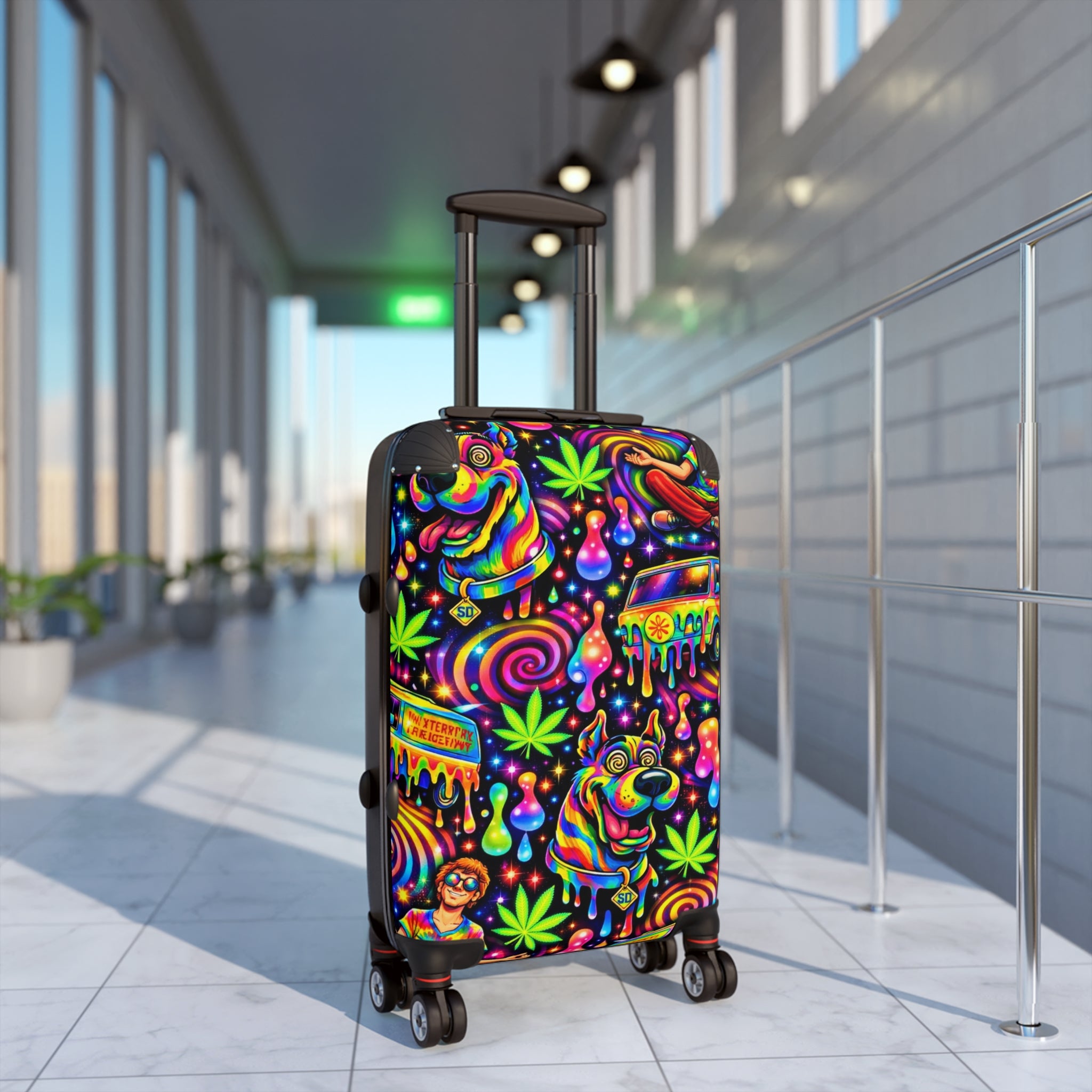 Psychedelic Travel Suitcase – Neon Hippie Dog & Van Print
