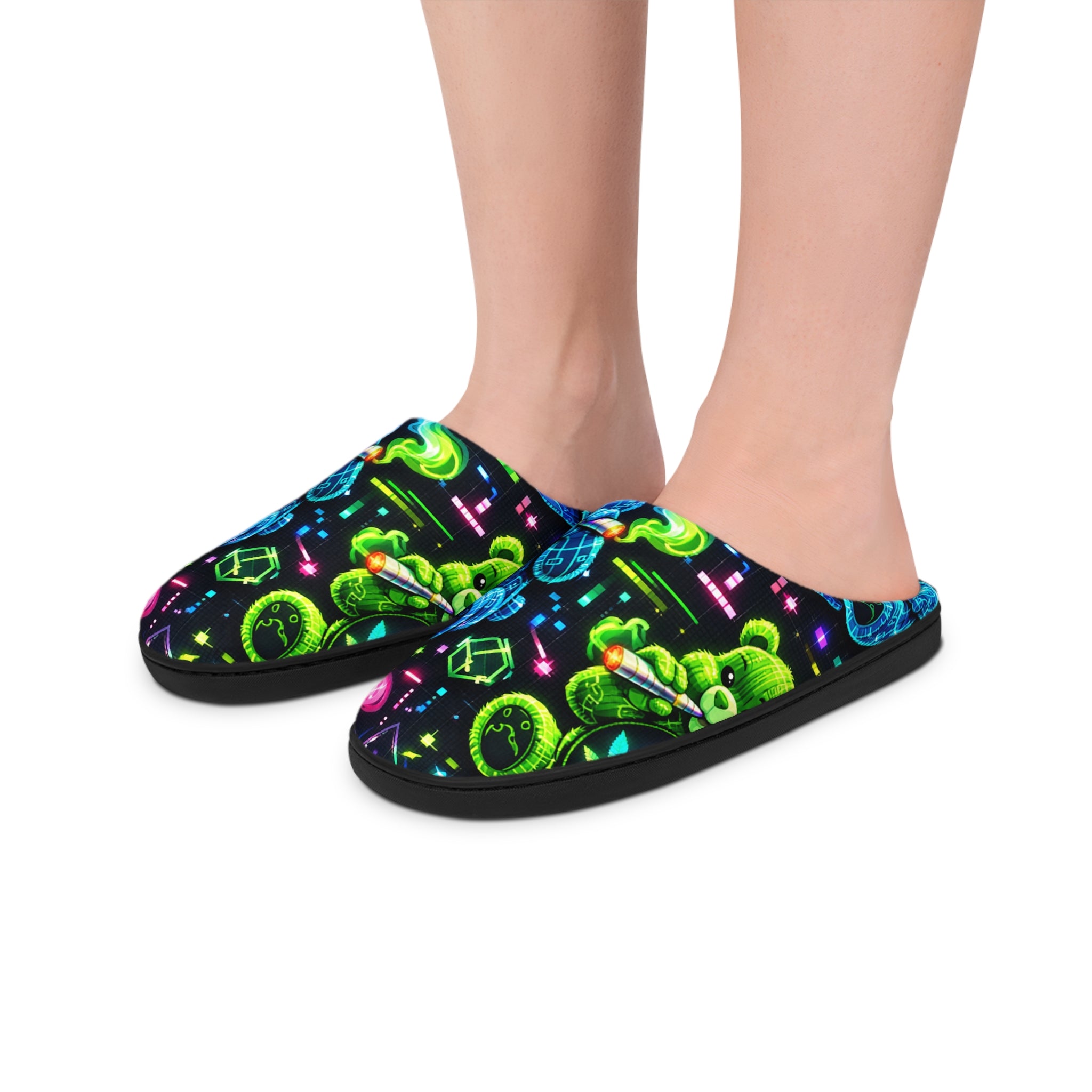 Women's Neon Cannabis Slippers — Cozy Indoor Slide with Psychedelic Bear Design