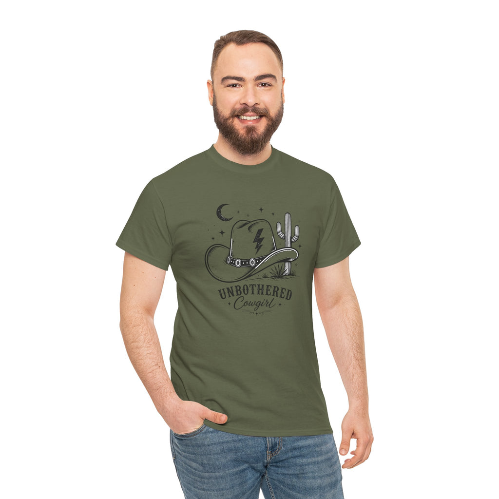 Unbothered Cowgirl Graphic Tee — Western Cowboy Hat & Cactus Design