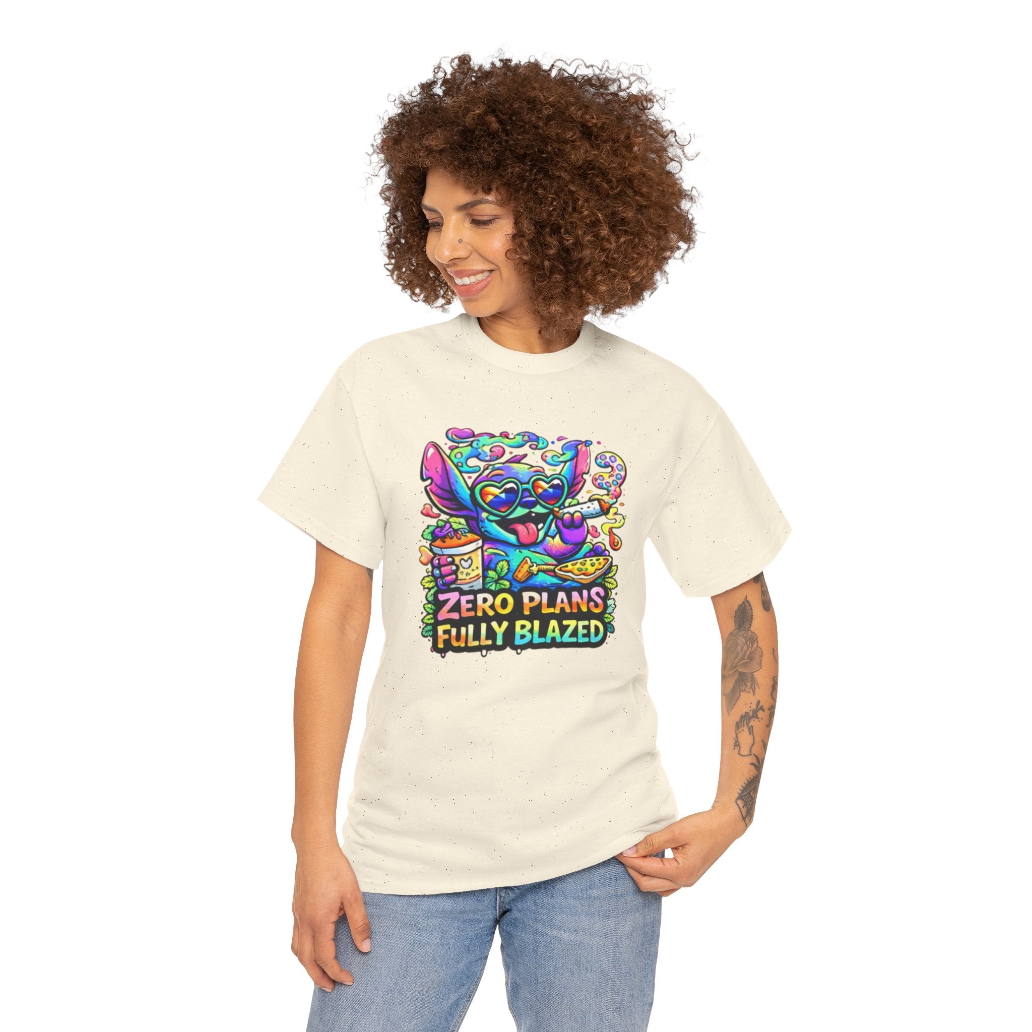 Zero Plans Fully Blazed Tee — Colorful Stoner Cat Graphic T-Shirt