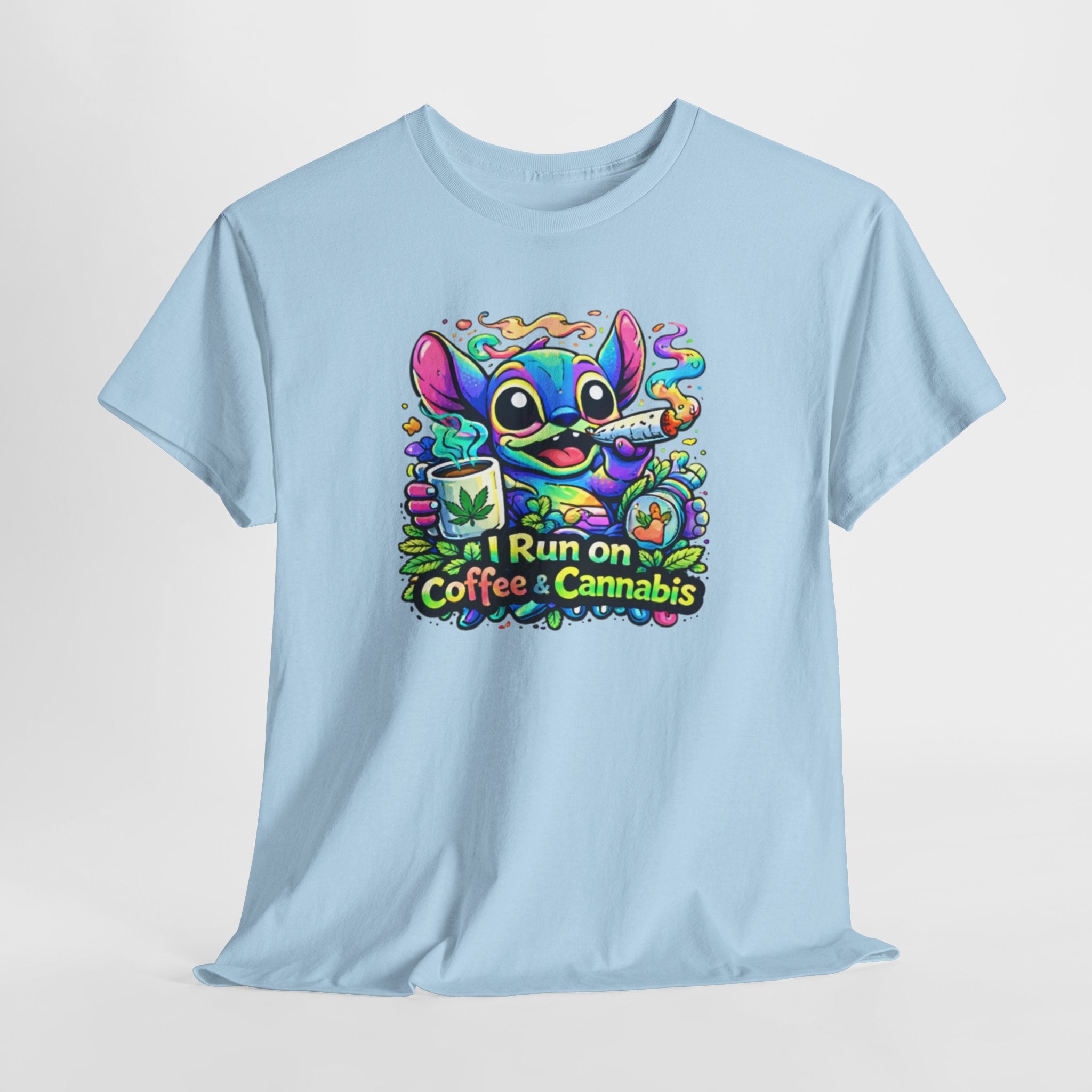 Coffee & Cannabis Tee — 'I Run on Coffee & Cannabis' Cute Stitch Graphic T-Shirt