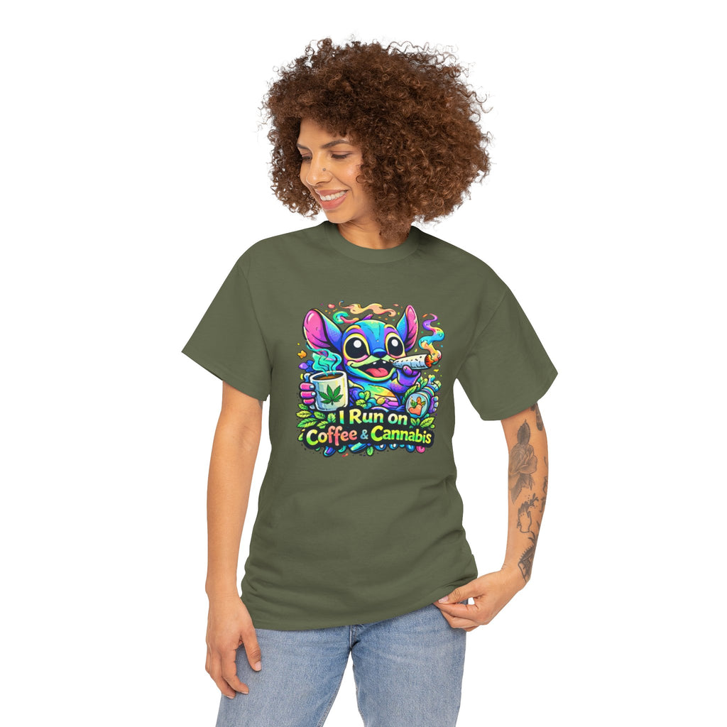 Coffee & Cannabis Tee — 'I Run on Coffee & Cannabis' Cute Stitch Graphic T-Shirt