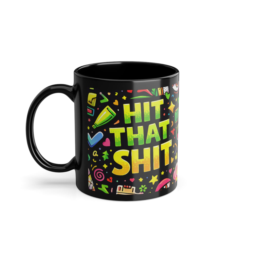 Puff Party Black Coffee Mug — 11oz Colorful Cannabis Doodles & 'Puff Puff Pass' Design