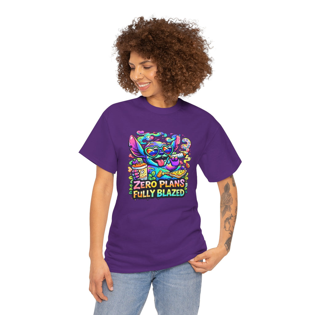 Zero Plans Fully Blazed Tee — Colorful Stoner Cat Graphic T-Shirt