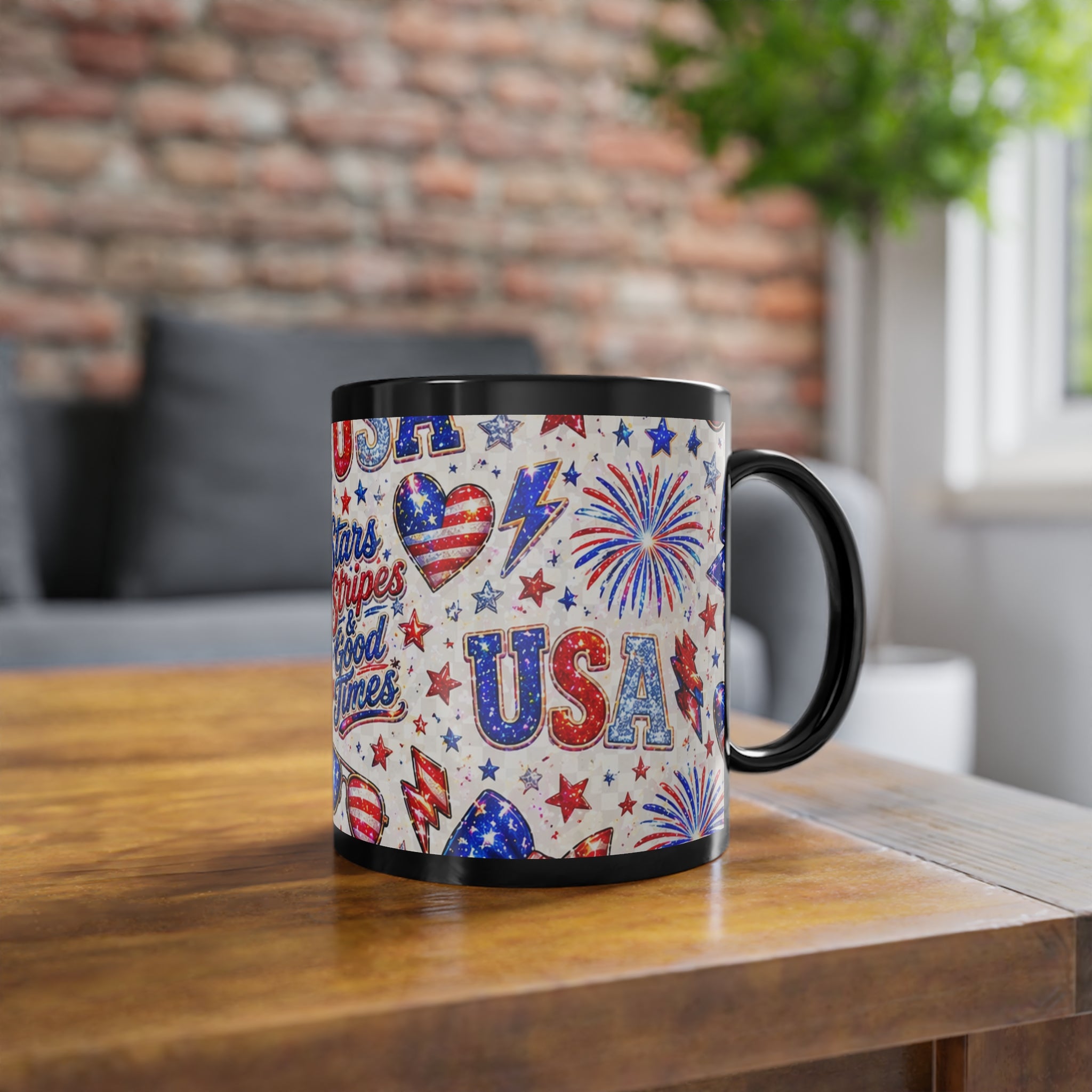 Patriotic 'Stars, Stripes & Good Times' 11oz Black Coffee Mug