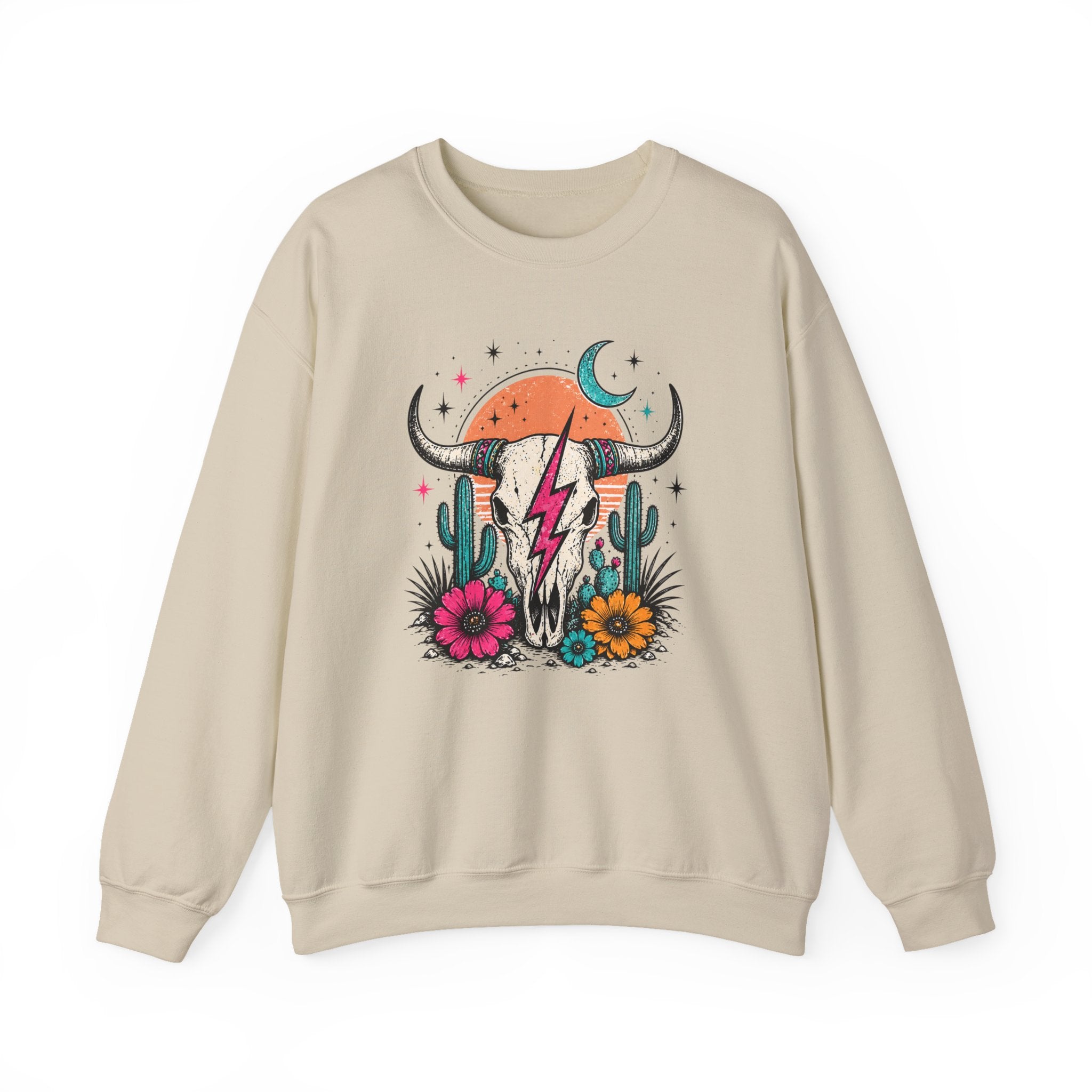 Southwest Skull Crewneck Sweatshirt — Desert Cactus Lightning Graphic