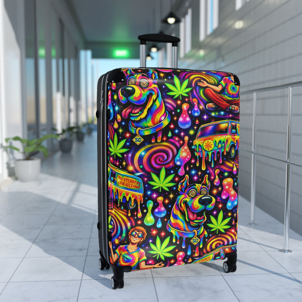 Psychedelic Travel Suitcase – Neon Hippie Dog & Van Print