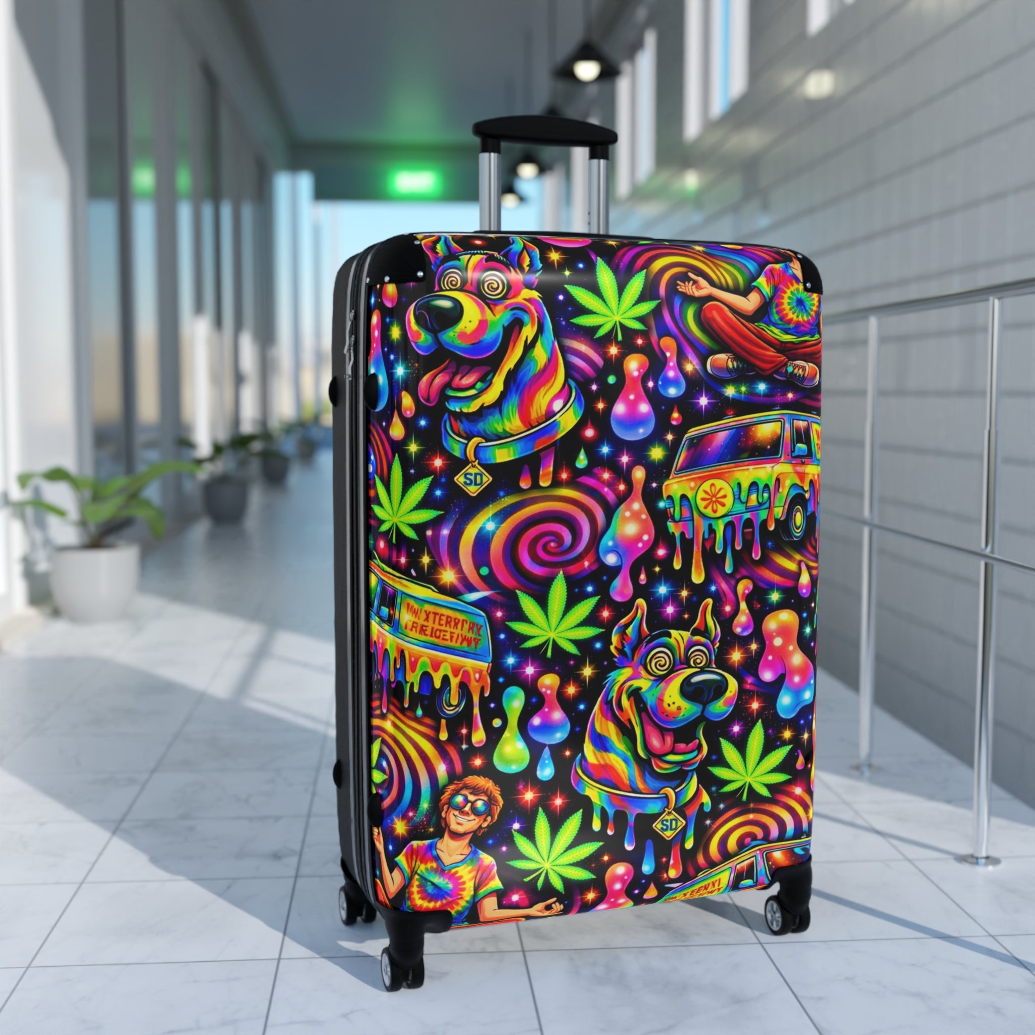 Psychedelic Travel Suitcase – Neon Hippie Dog & Van Print