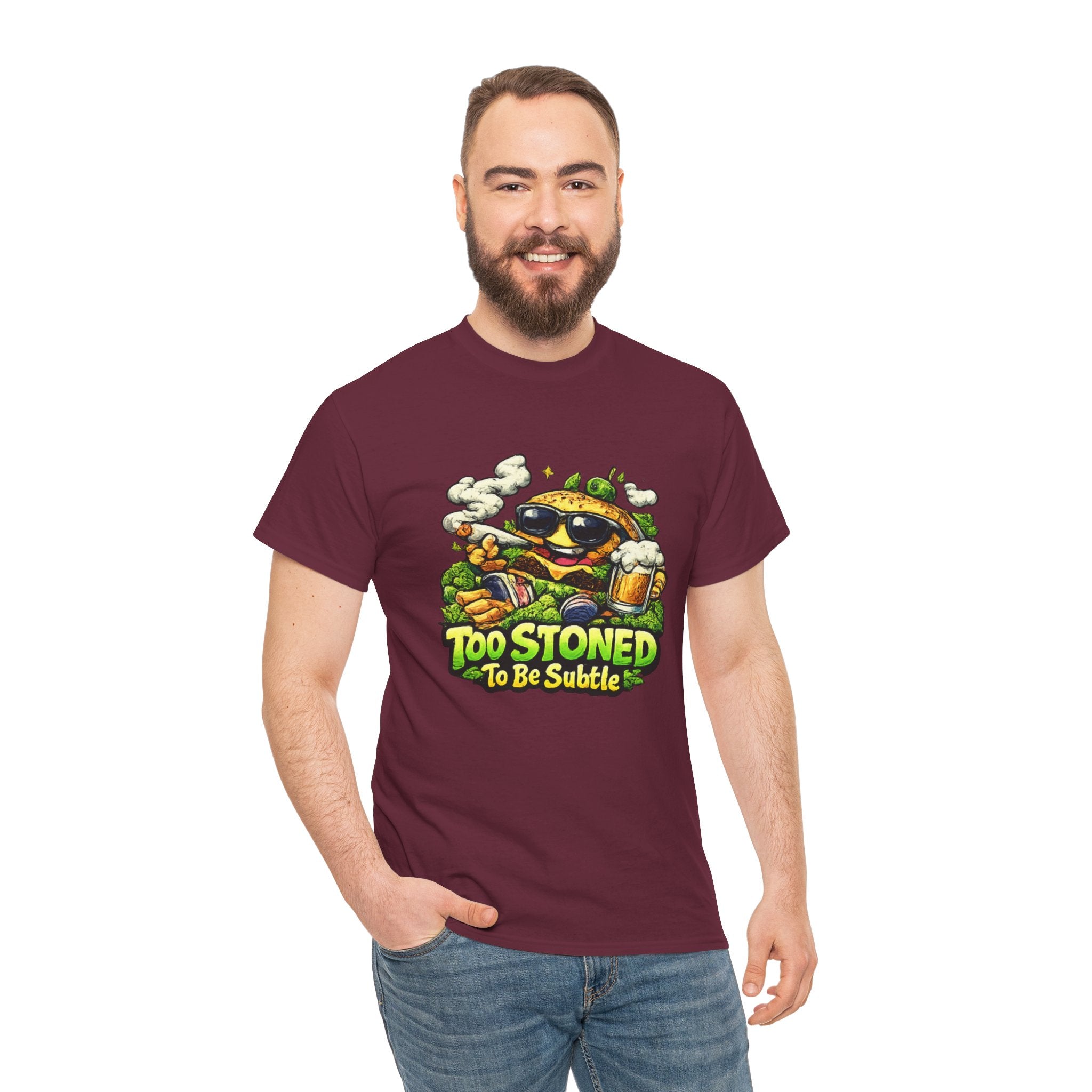 Too Stoned To Be Subtle Tee - Funny Retro Cartoon Burger Cannabis T-Shirt