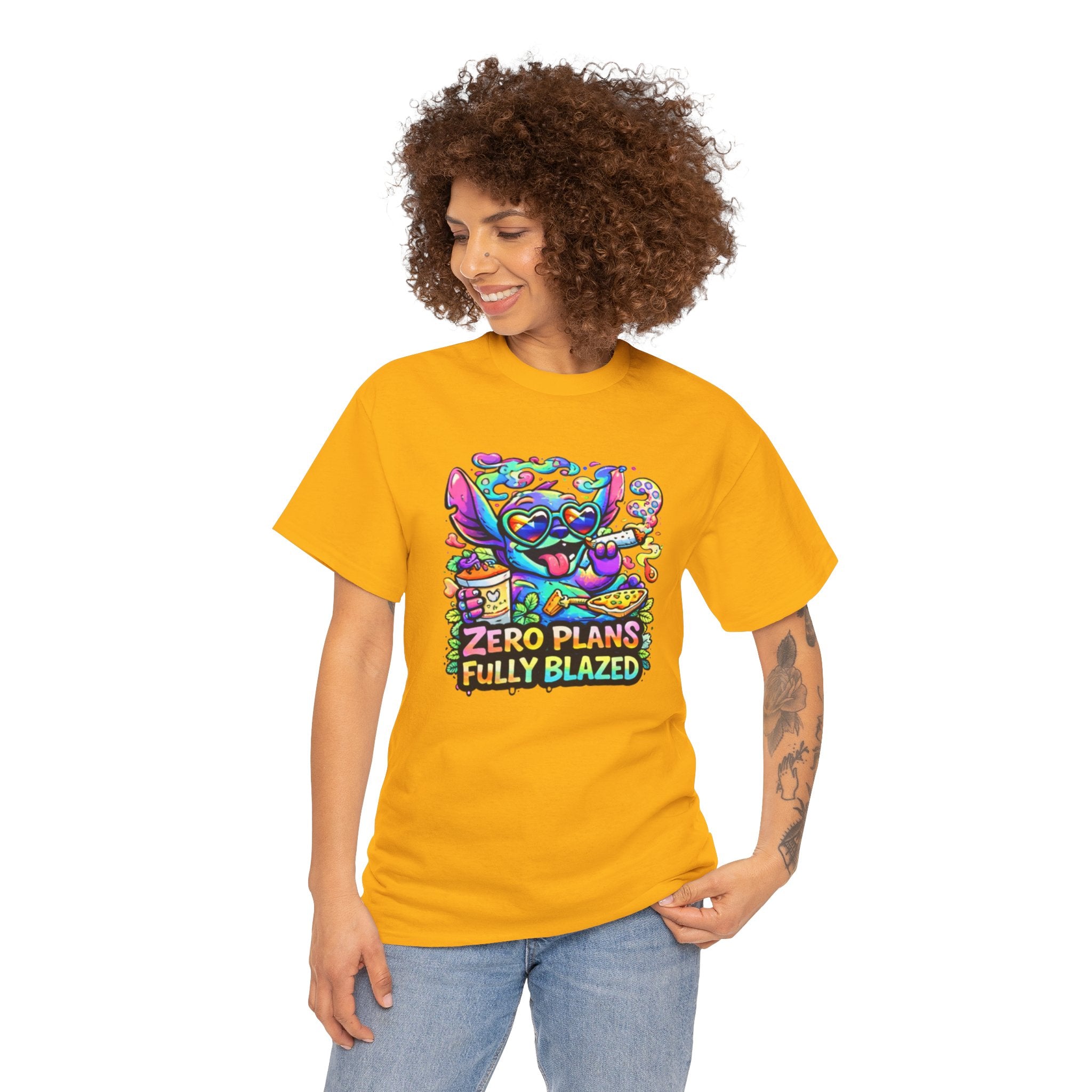 Zero Plans Fully Blazed Tee — Colorful Stoner Cat Graphic T-Shirt