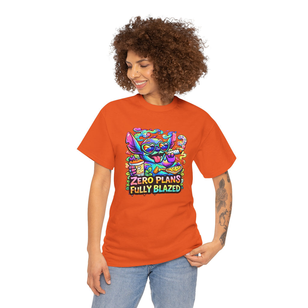 Zero Plans Fully Blazed Tee — Colorful Stoner Cat Graphic T-Shirt