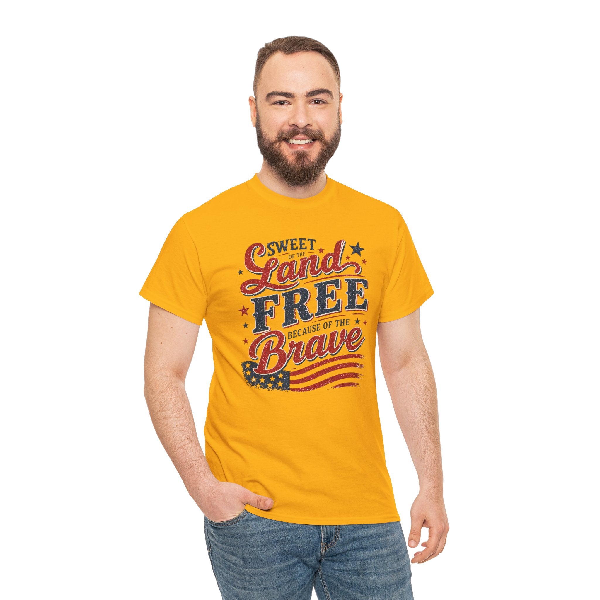 Patriotic Tee — "Sweet Land Free Because of the Brave" American Flag Shirt
