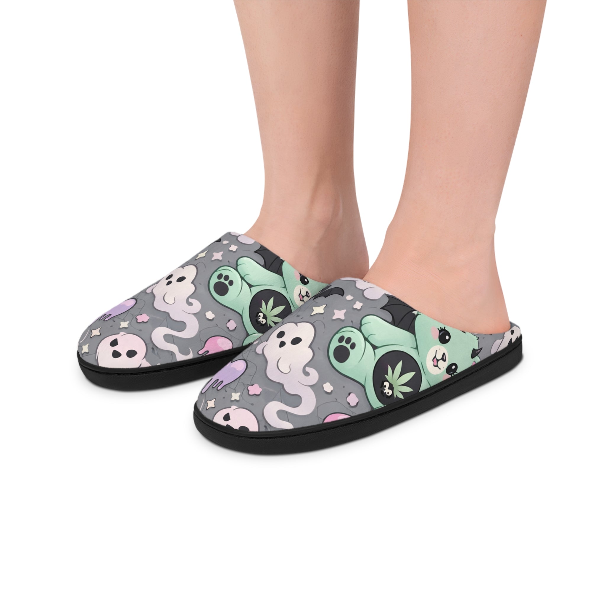 Ghostly Night Women's Indoor Slippers — Cute Pastel Halloween Ghosts & Moon Pattern
