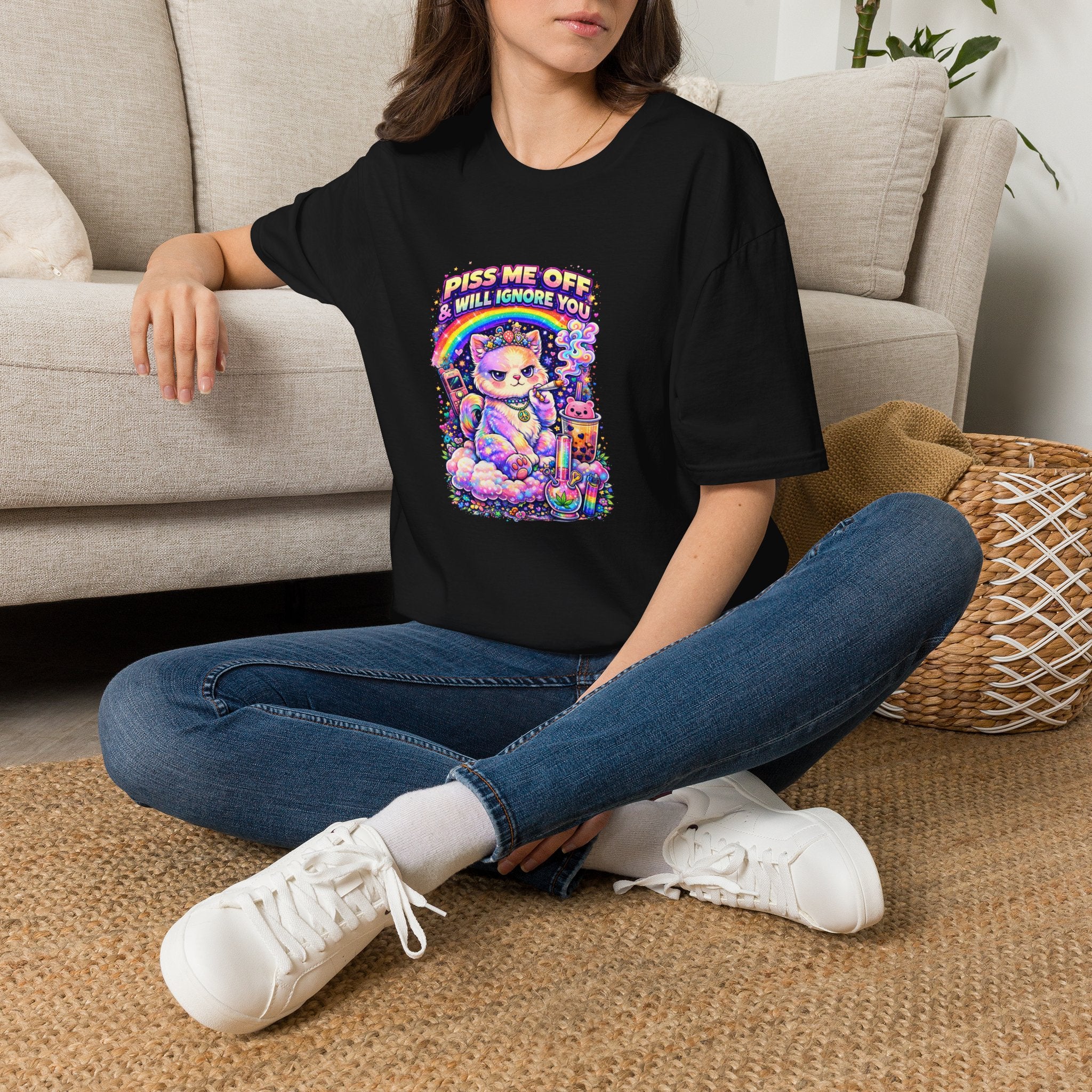 Graphic T-Shirt — "Piss Me Off & I Will Ignore You" Cute Grumpy Cat Rainbow Design