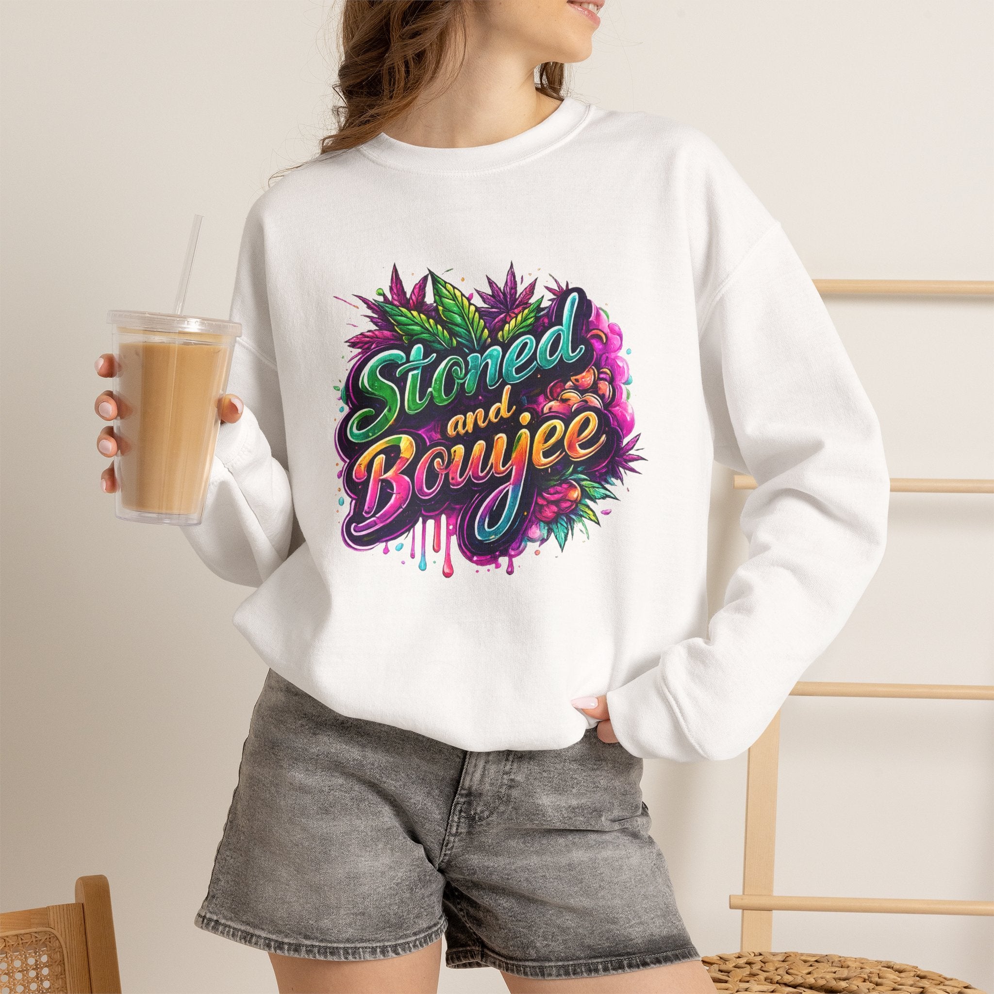 Crewneck Sweatshirt — "Stoned and Boujee" Colorful Cannabis Graphic