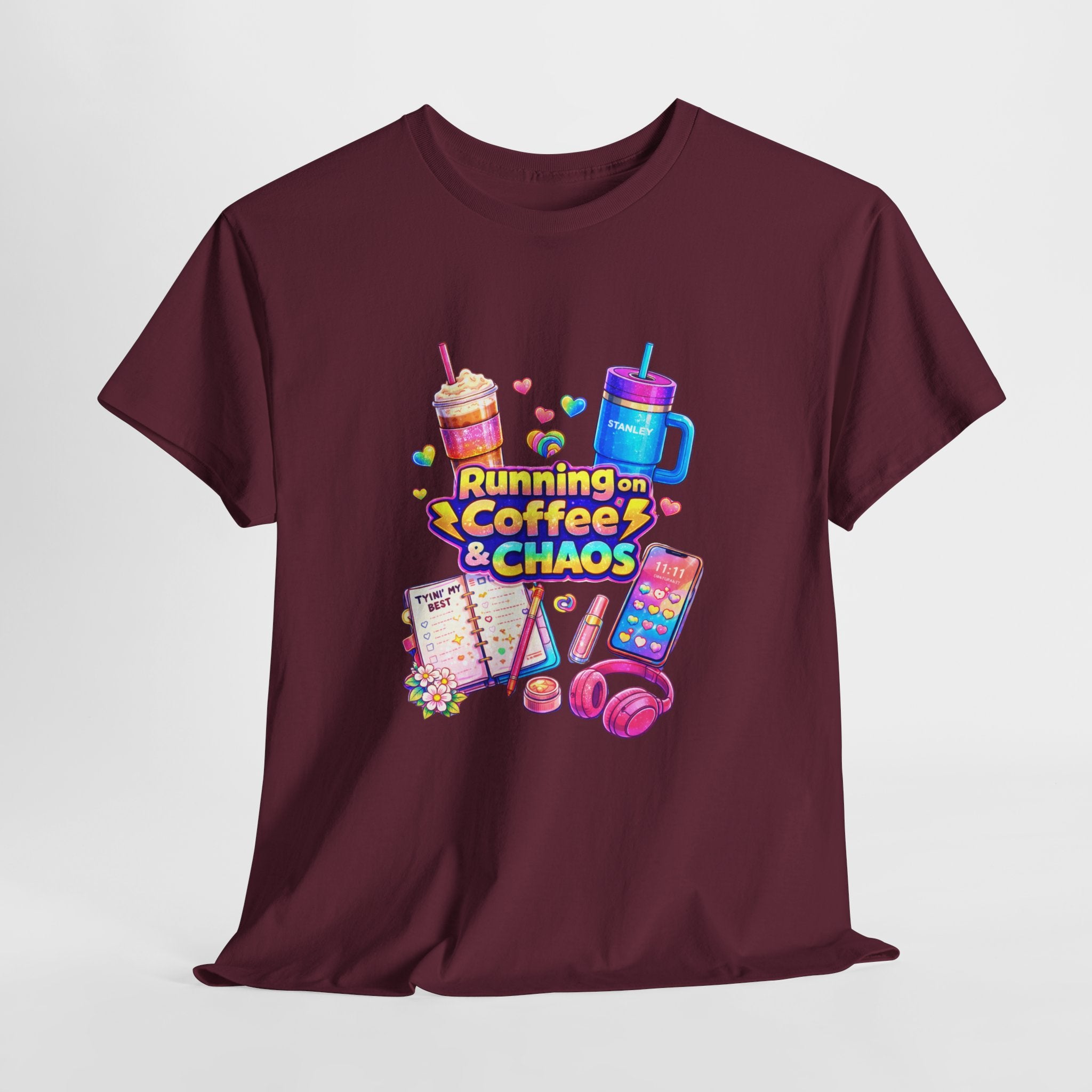 Graphic Tee — "Running on Coffee & Chaos" Colorful Planner Lover Shirt