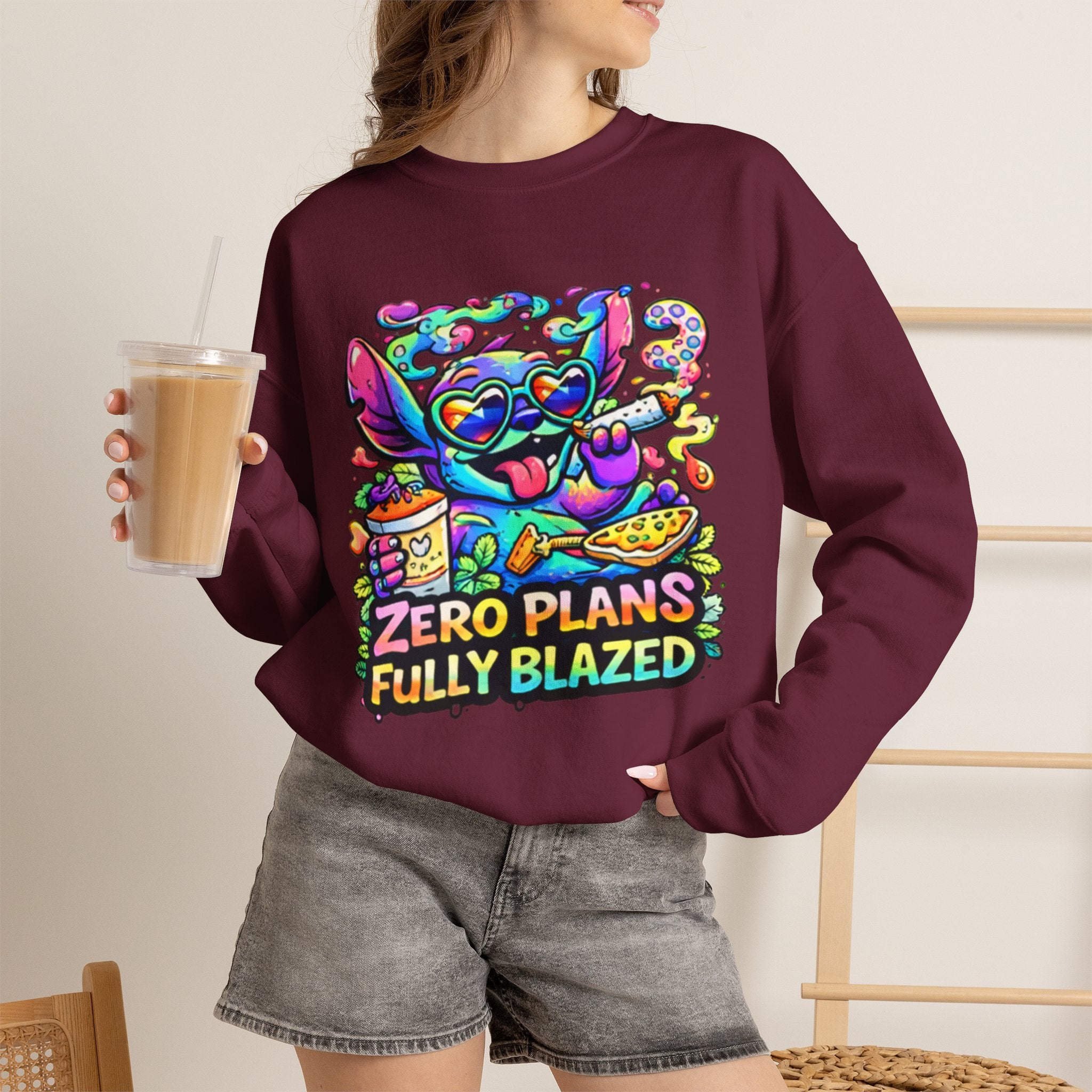 Crewneck Sweatshirt — "Zero Plans Fully Blazed" Colorful Stoner Cartoon Graphic