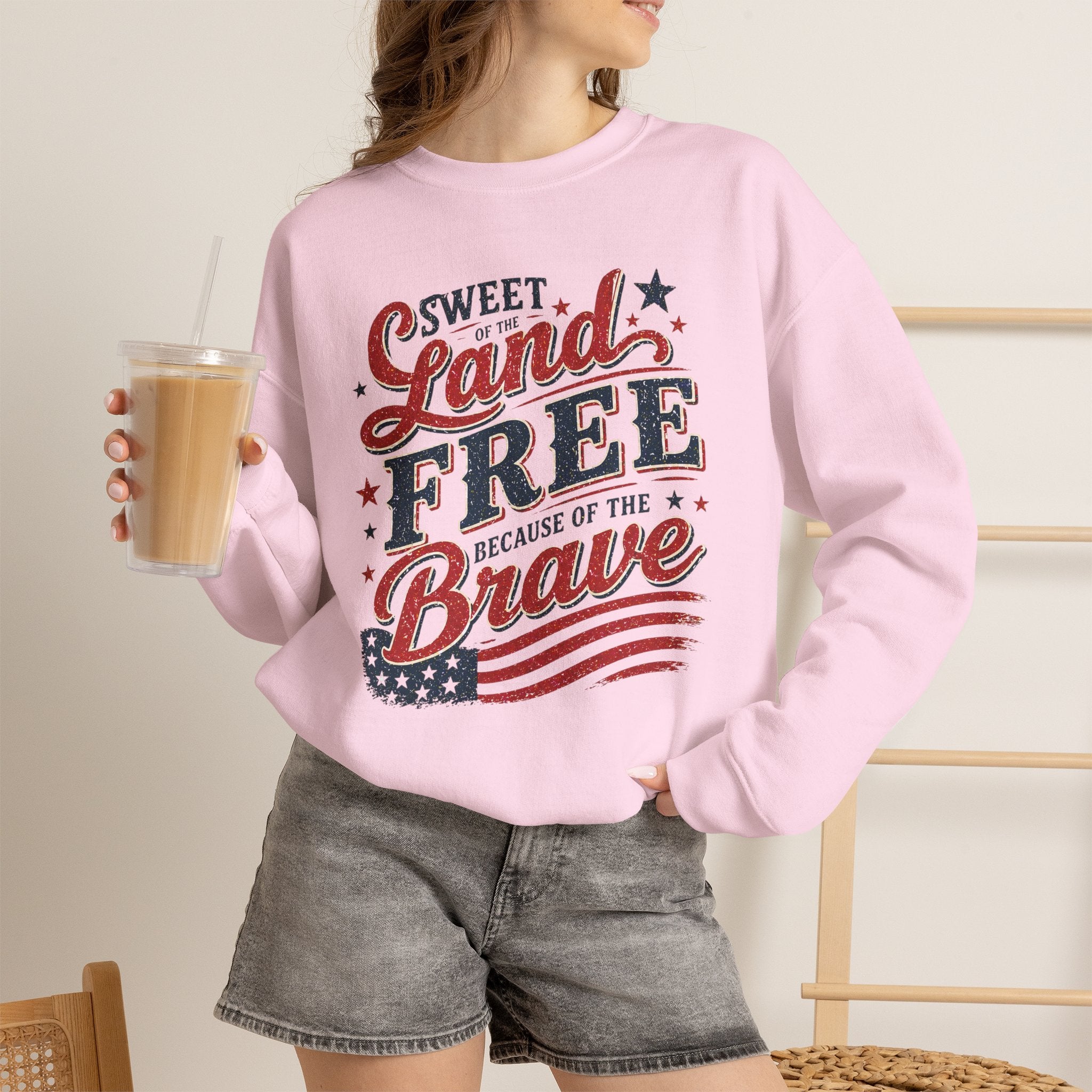 Crewneck Sweatshirt — "Sweet Land Free Because of the Brave" Patriotic Flag Design